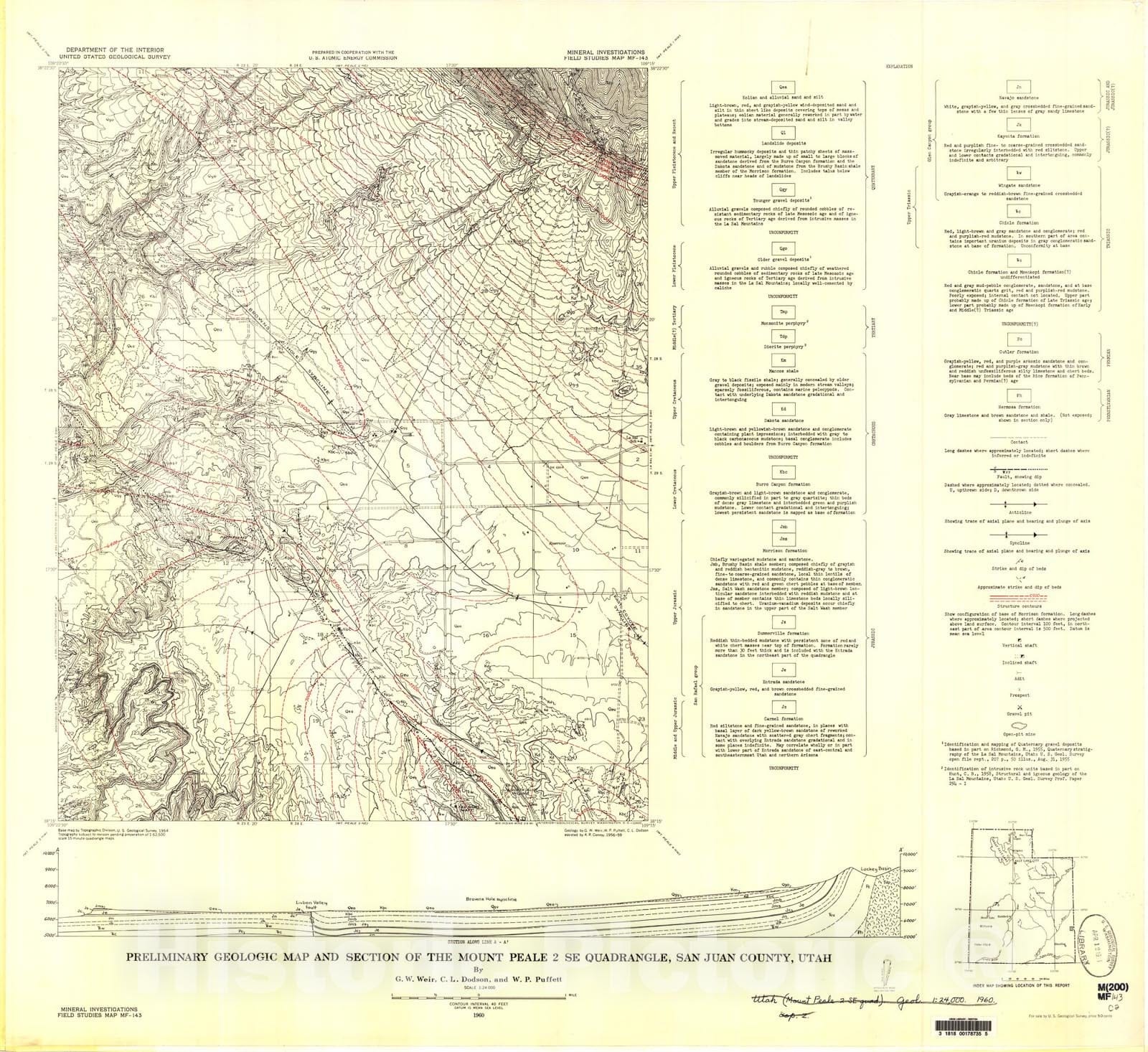 Map : Preliminary geologic map and section of the Mount Peale two SE quadrangle, San Juan County, Utah, 1960 Cartography Wall Art :