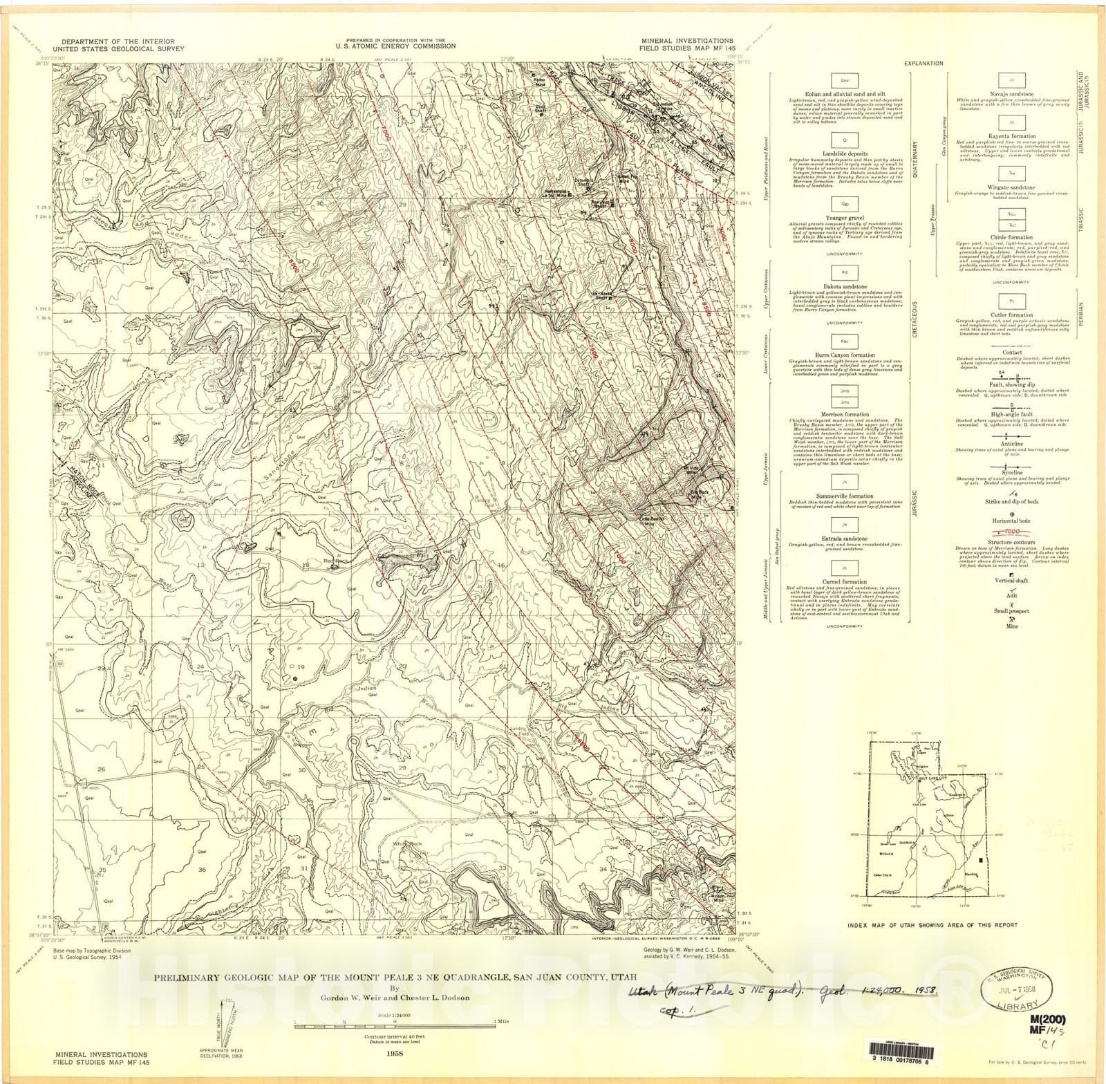 Map : Preliminary geologic map of the Mount Peale three NE quadrangle, San Juan County, Utah, 1958 Cartography Wall Art :