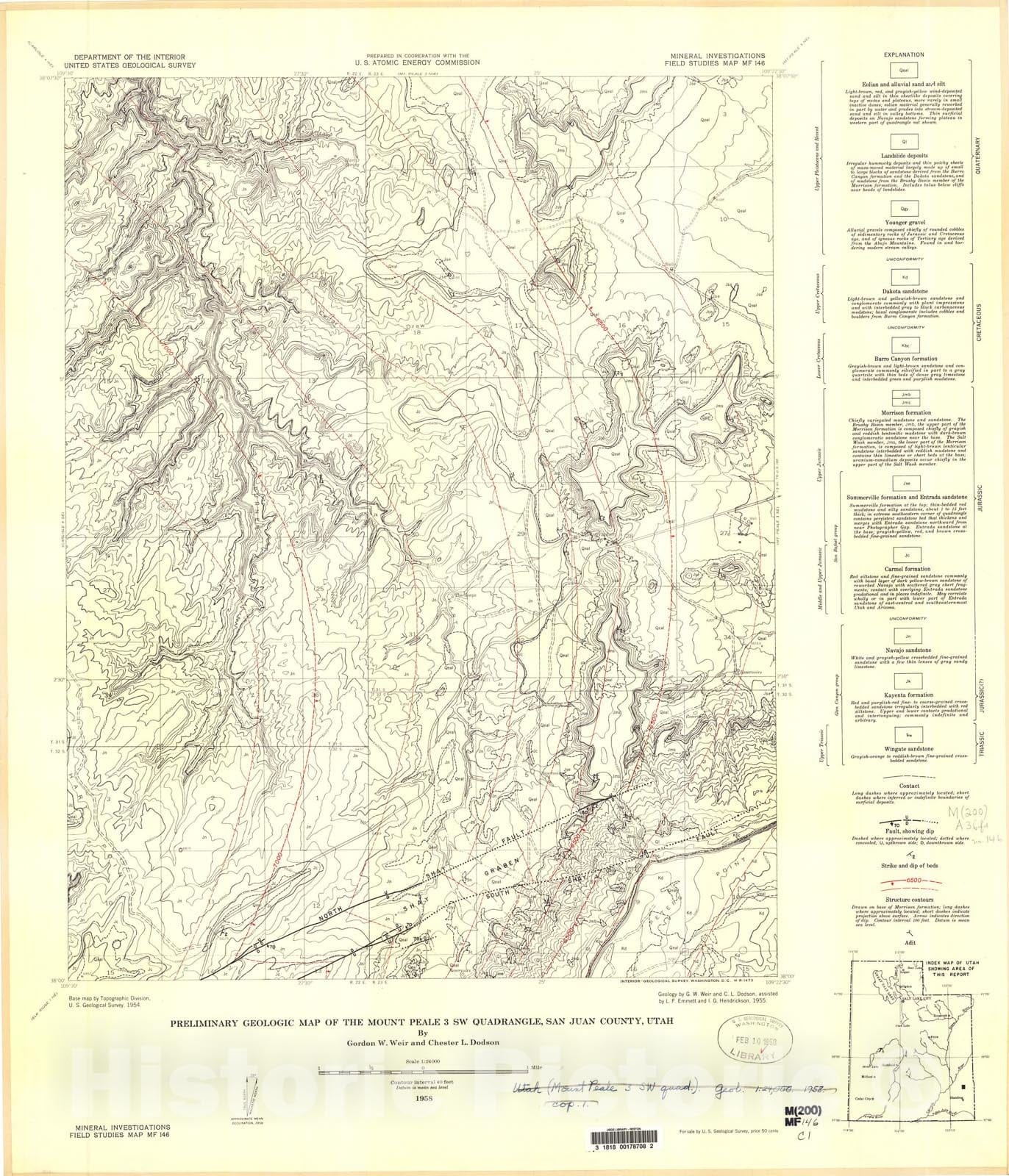 Map : Preliminary geologic map of the Mount Peale three SW quadrangle, San Juan County, Utah, 1958 Cartography Wall Art :