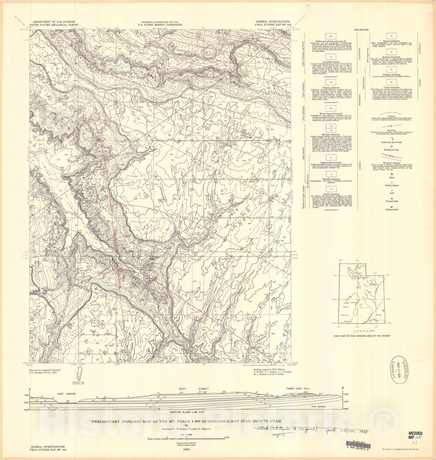 Map : Preliminary geologic map of the Mount Peale four SW quadrangle, San Juan County, Utah, 1958 Cartography Wall Art :