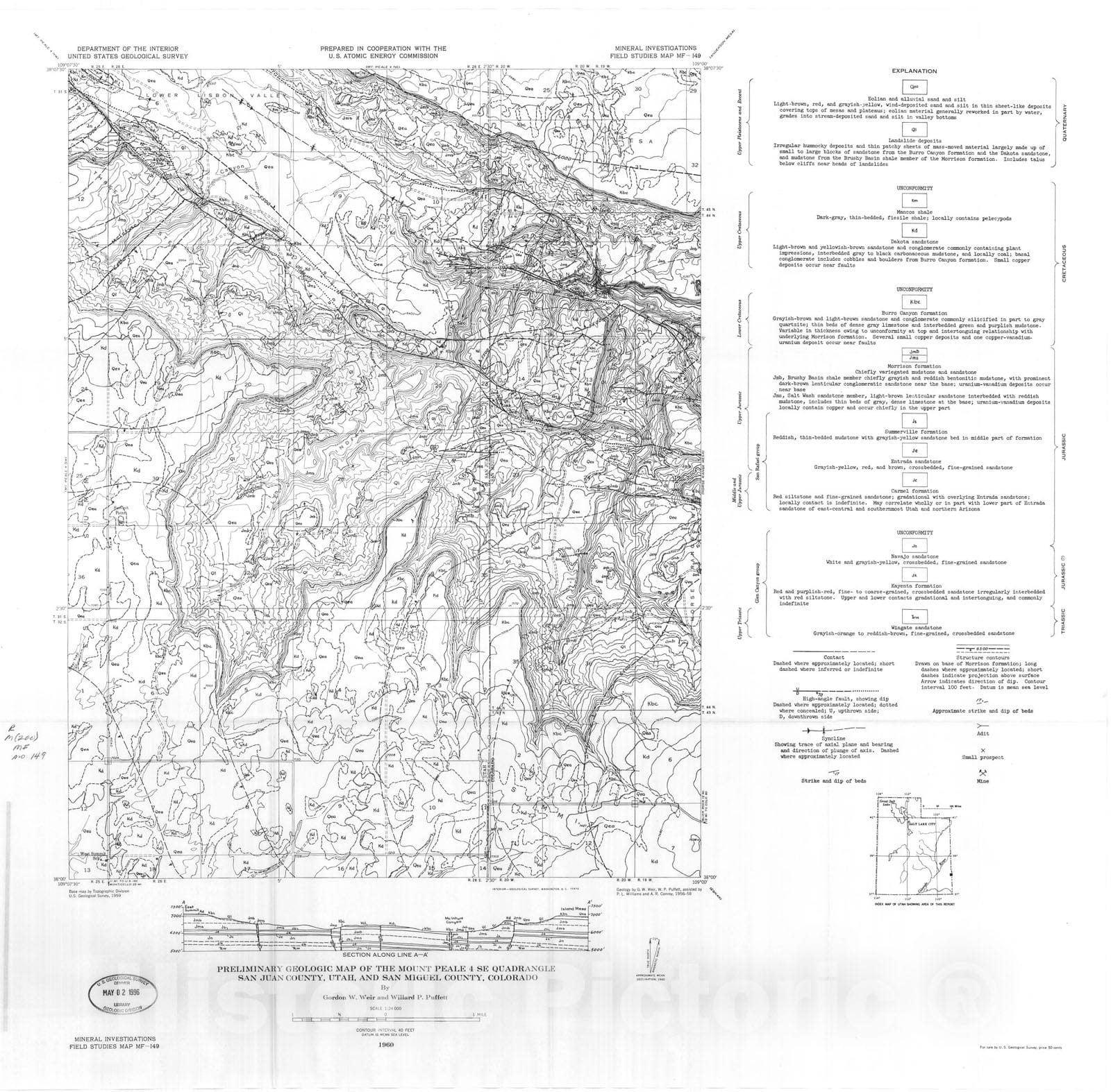 Map : Preliminary geologic map of the Mount Peale four SE quadrangle, San Juan County, Utah, and San Miguel County, Colorado, 1960 Cartography Wall Art :