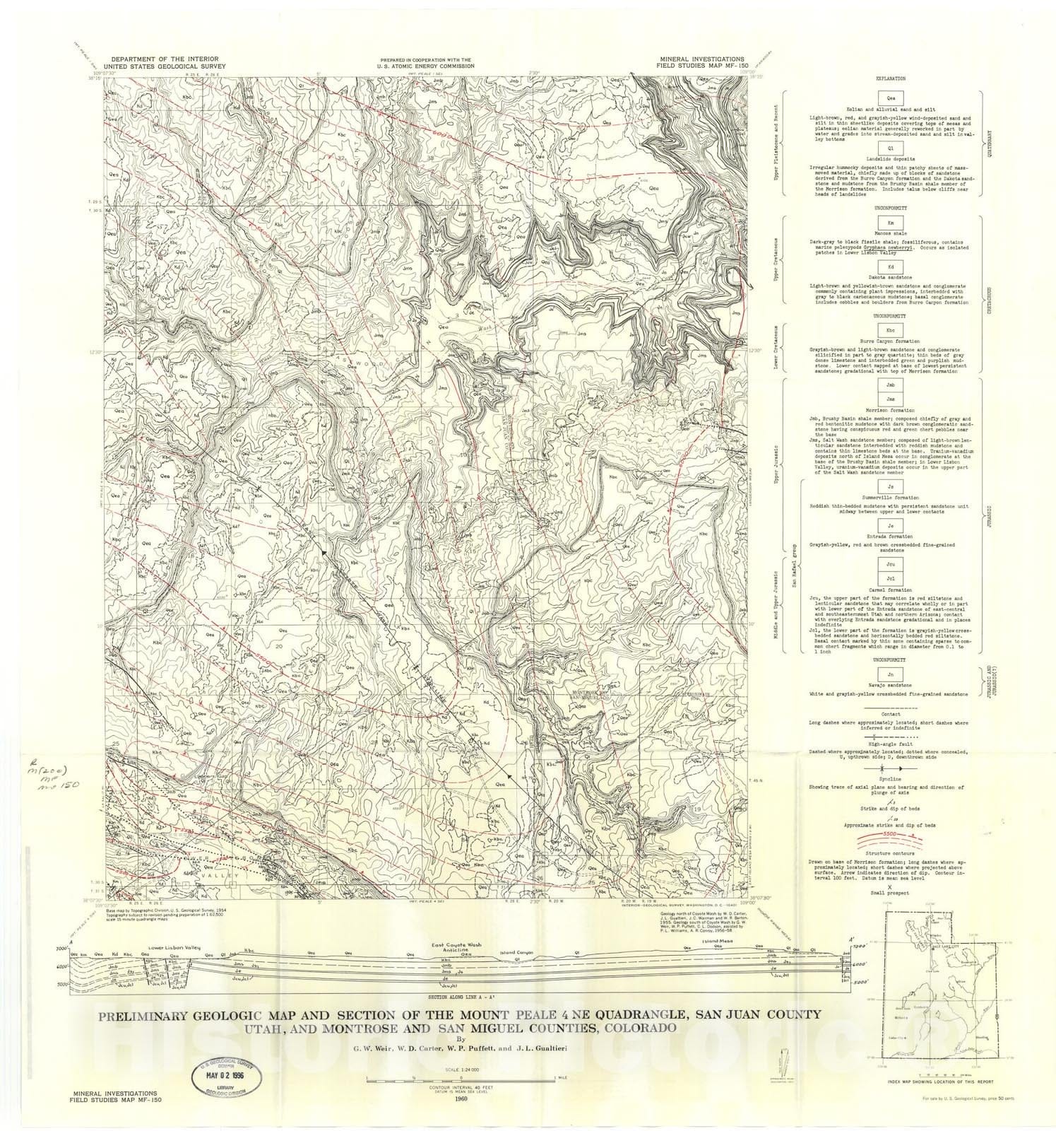 Map : Preliminary geologic map and section of the Mount Peale four NE quadrangle, San Juan County, Utah, and Montrose and San Miguel Counties, Colorado, 1960 Cartography Wall Art :