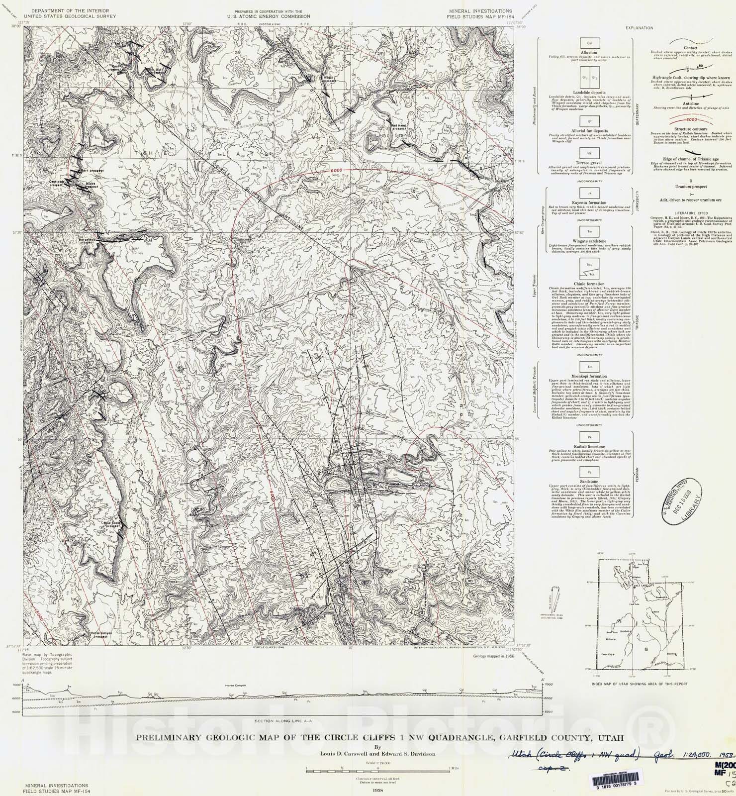 Map : Preliminary geologic map of the Circle Cliffs one NW quadrangle, Garfield County, Utah, one958 Cartography Wall Art :