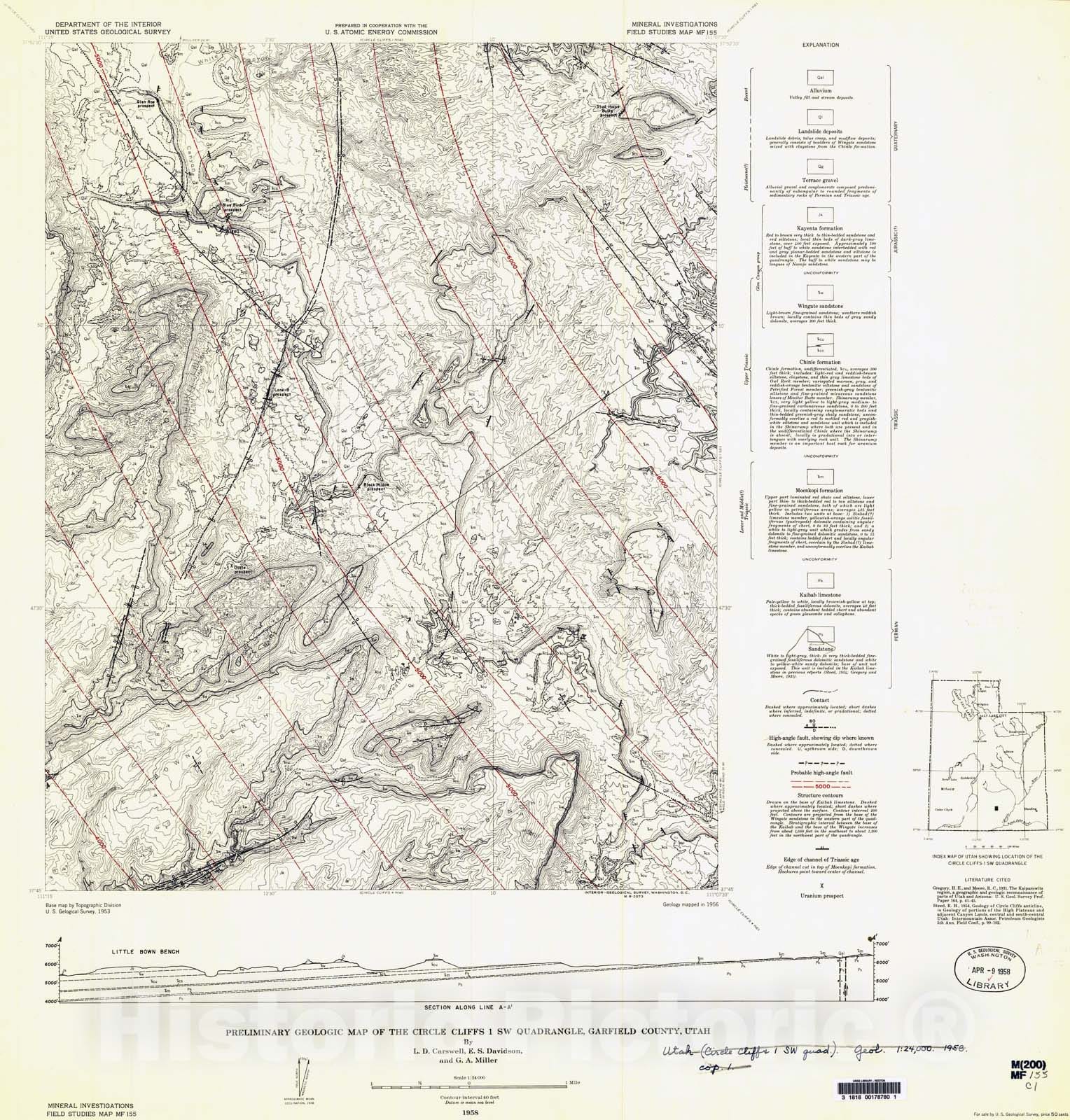 Map : Preliminary geologic map of the Circle Cliffs one SW quadrangle, Garfield County, Utah, one958 Cartography Wall Art :