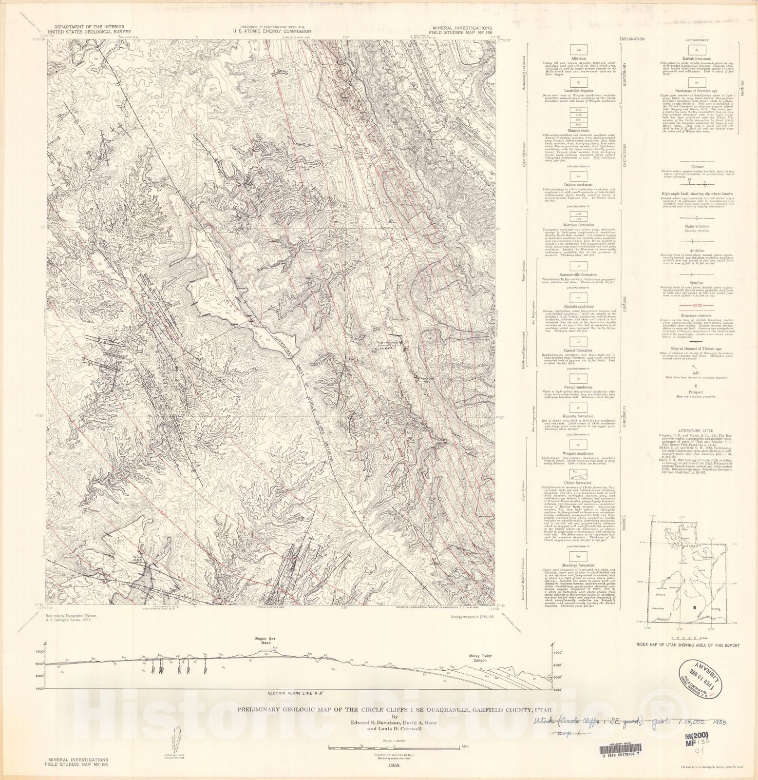 Map : Preliminary geologic map of the Circle Cliffs one SE quadrangle, Garfield County, Utah, one958 Cartography Wall Art :