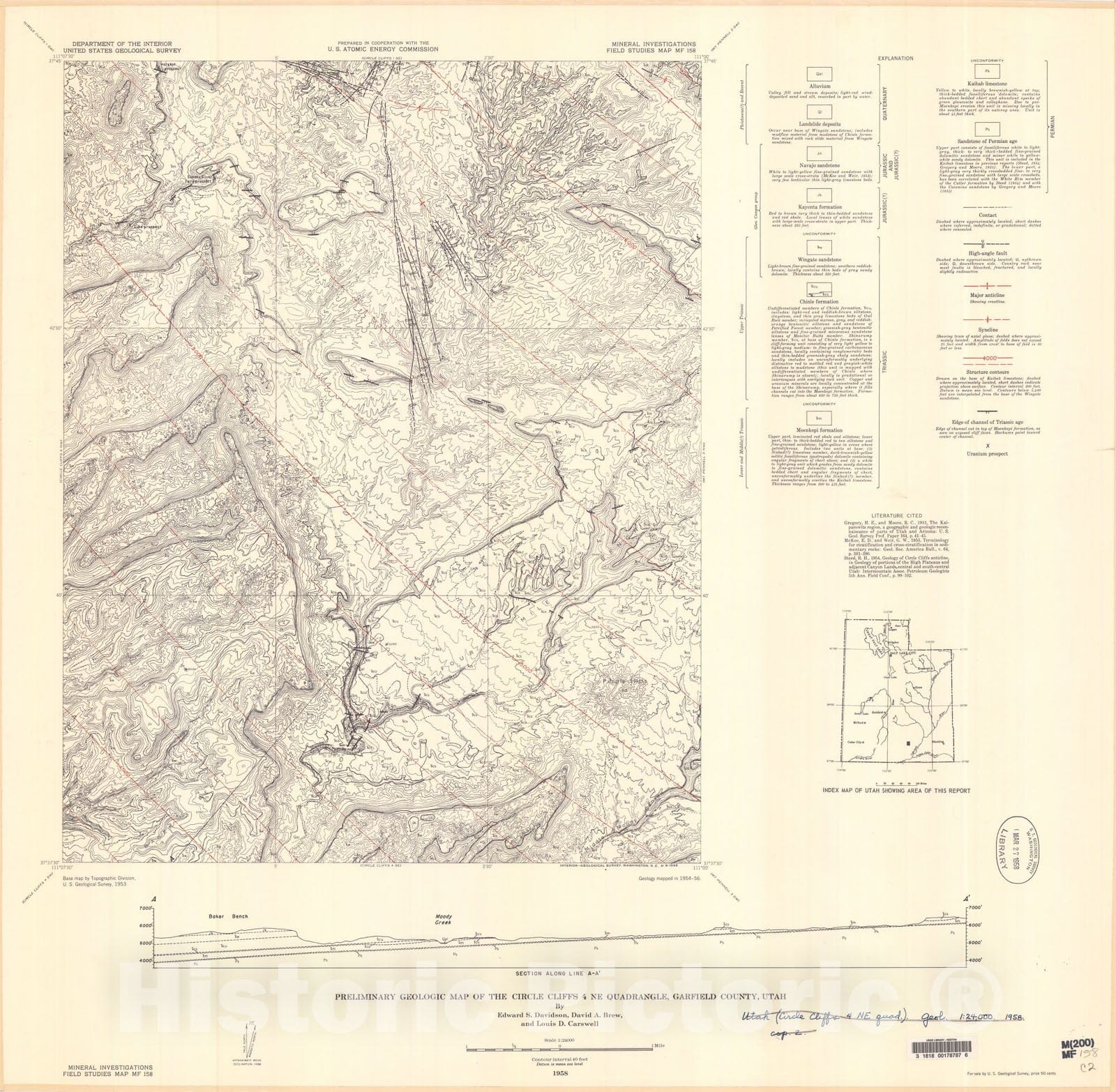 Map : Preliminary geologic map of the Circle Cliffs four NE quadrangle, Garfield County, Utah, 1958 Cartography Wall Art :