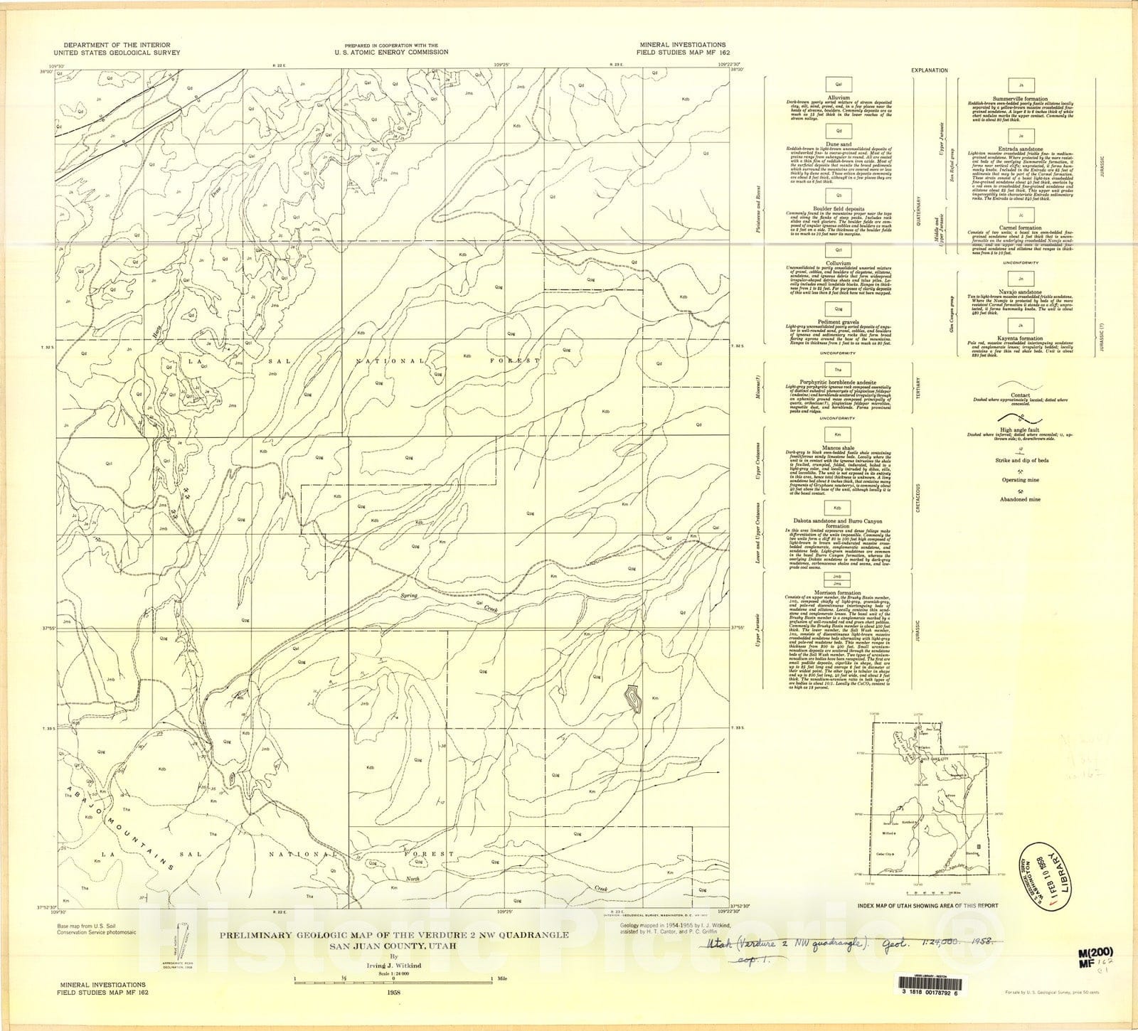Map : Preliminary geologic map of the Verdure two NW quadrangle, San Juan County, Utah, 1958 Cartography Wall Art :