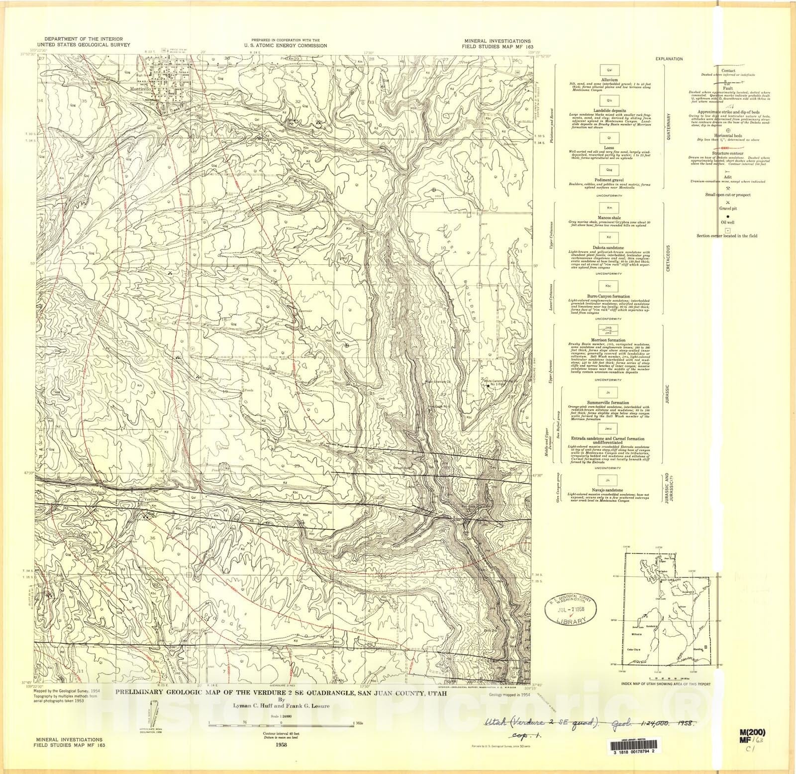 Map : Preliminary geologic map of the Verdure two SE quadrangle, San Juan County, Utah, 1958 Cartography Wall Art :