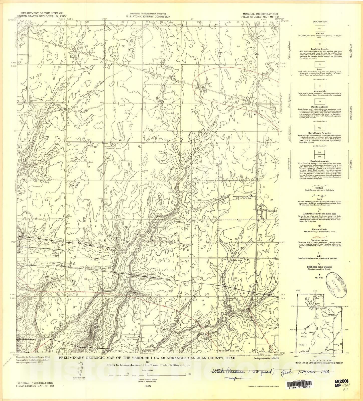 Map : Preliminary geologic map of the Verdure one SW quadrangle, San Juan County, Utah, one958 Cartography Wall Art :