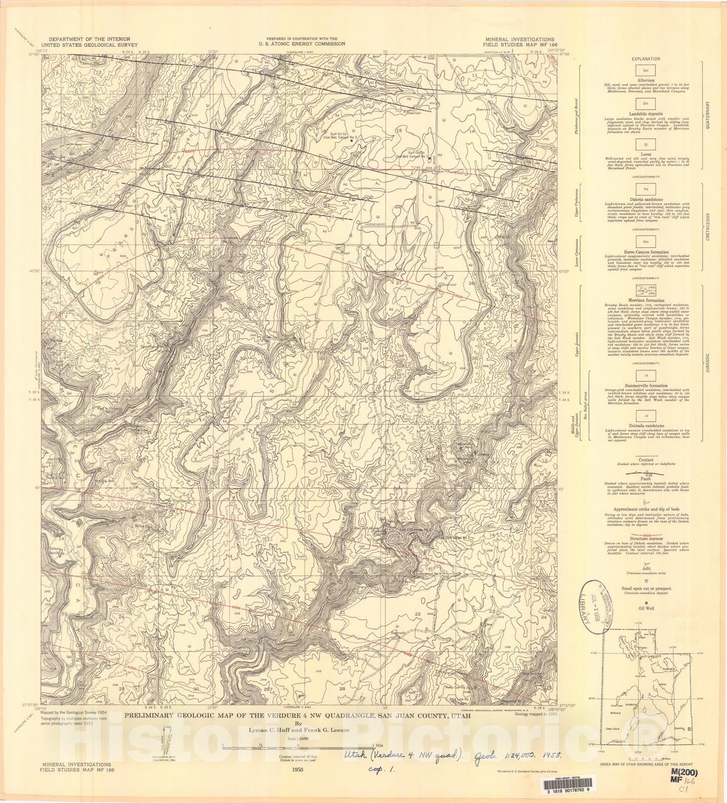 Map : Preliminary geologic map of the Verdure four NW quadrangle, San Juan County, Utah, 1958 Cartography Wall Art :