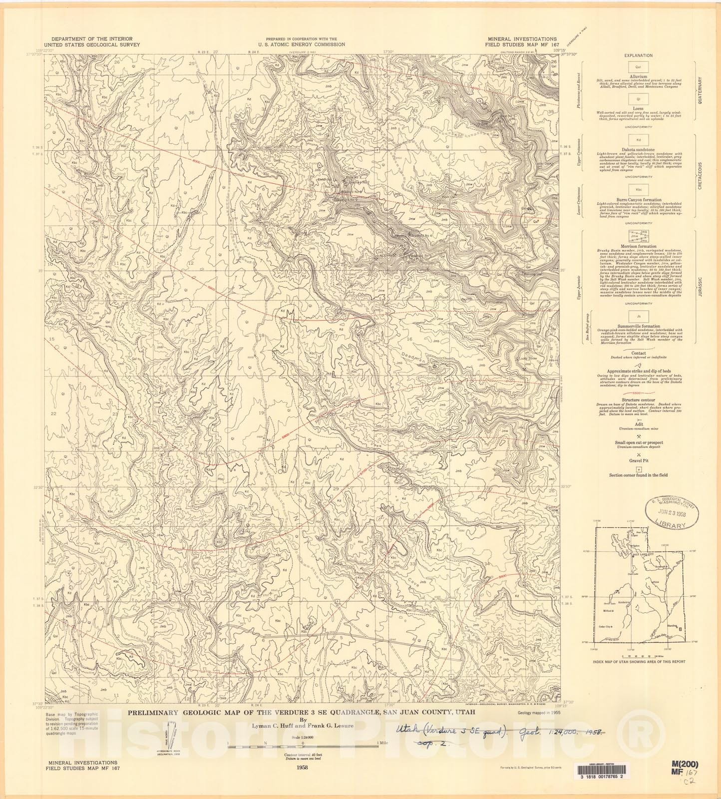 Map : Preliminary geologic map of the Verdure three SE quadrangle, San Juan County, Utah, 1958 Cartography Wall Art :