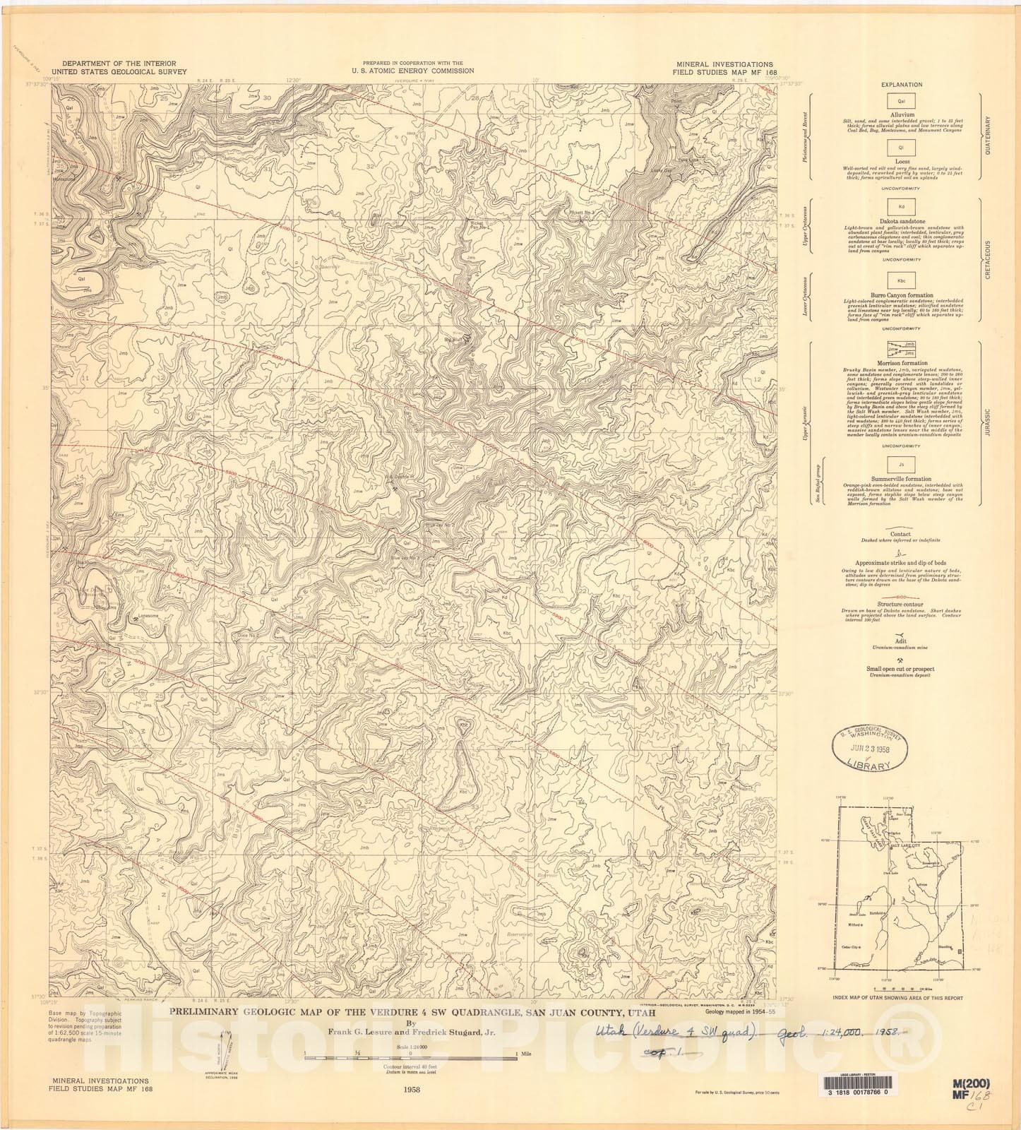 Map : Preliminary geologic map of the Verdure four SW quadrangle, San Juan County, Utah, 1958 Cartography Wall Art :
