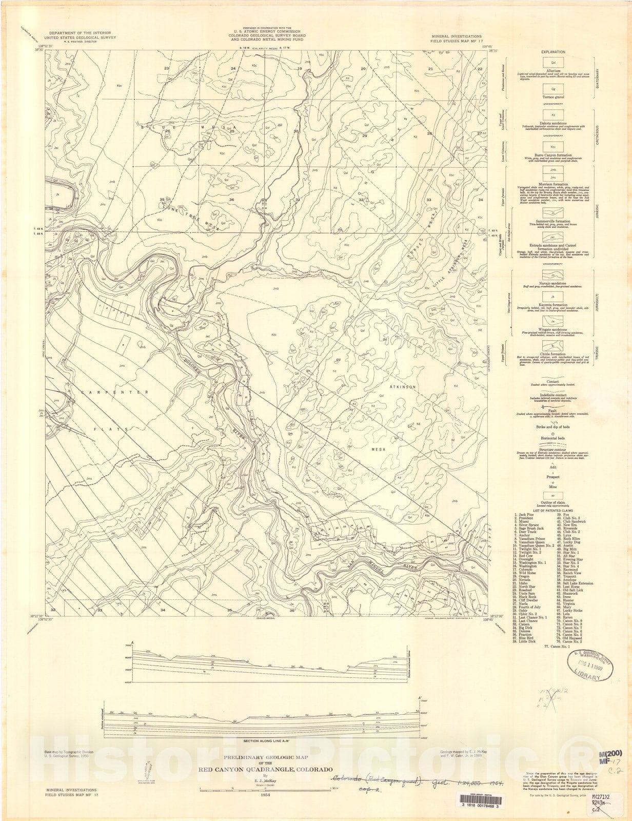 Map : Preliminary geologic map of the Red Canyon quadrangle, Colorado, 1954 Cartography Wall Art :