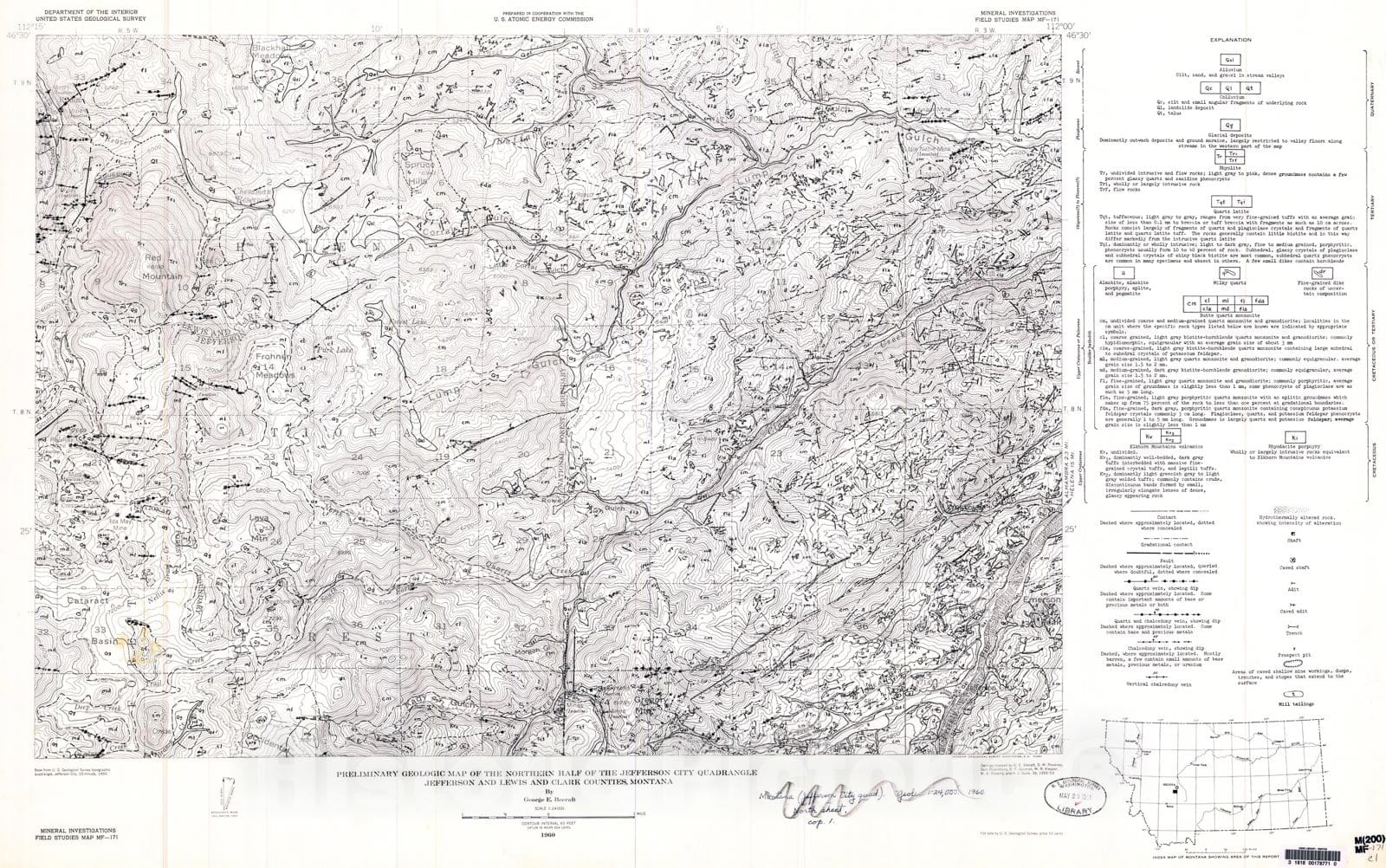 Map : Preliminary geologic map of the northern half of the Jefferson City quadrangle, Jefferson and Lewis and Clark Counties, Montana, 1960 Cartography Wall Art :