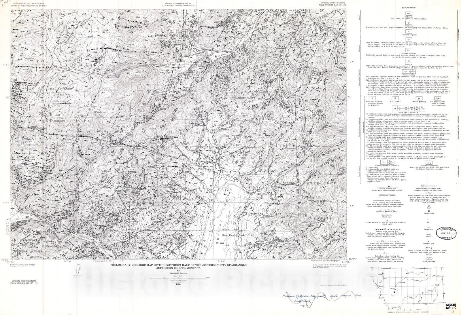 Map : Preliminary geologic map of the southern half of the Jefferson City quadrangle, Jefferson County, Montana, 1960 Cartography Wall Art :