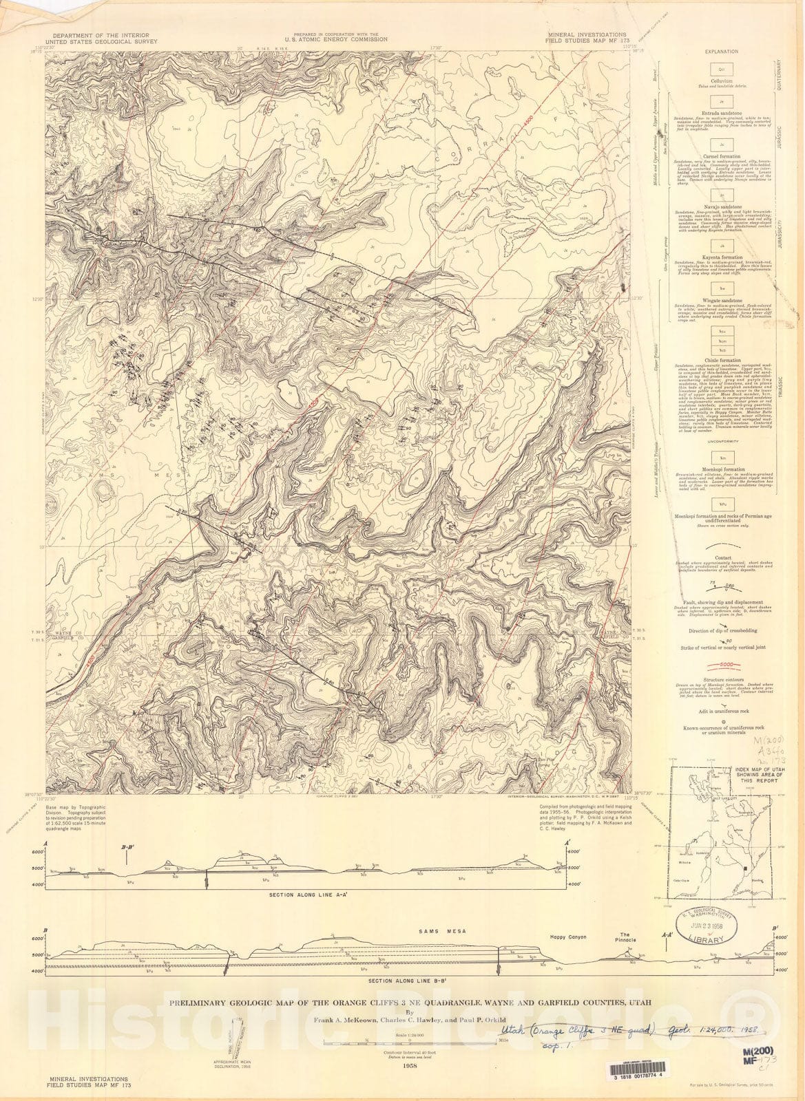 Map : Preliminary geologic map of the Orange Cliffs three NE quadrangle, Wayne and Garfield Counties, Utah, 1958 Cartography Wall Art :