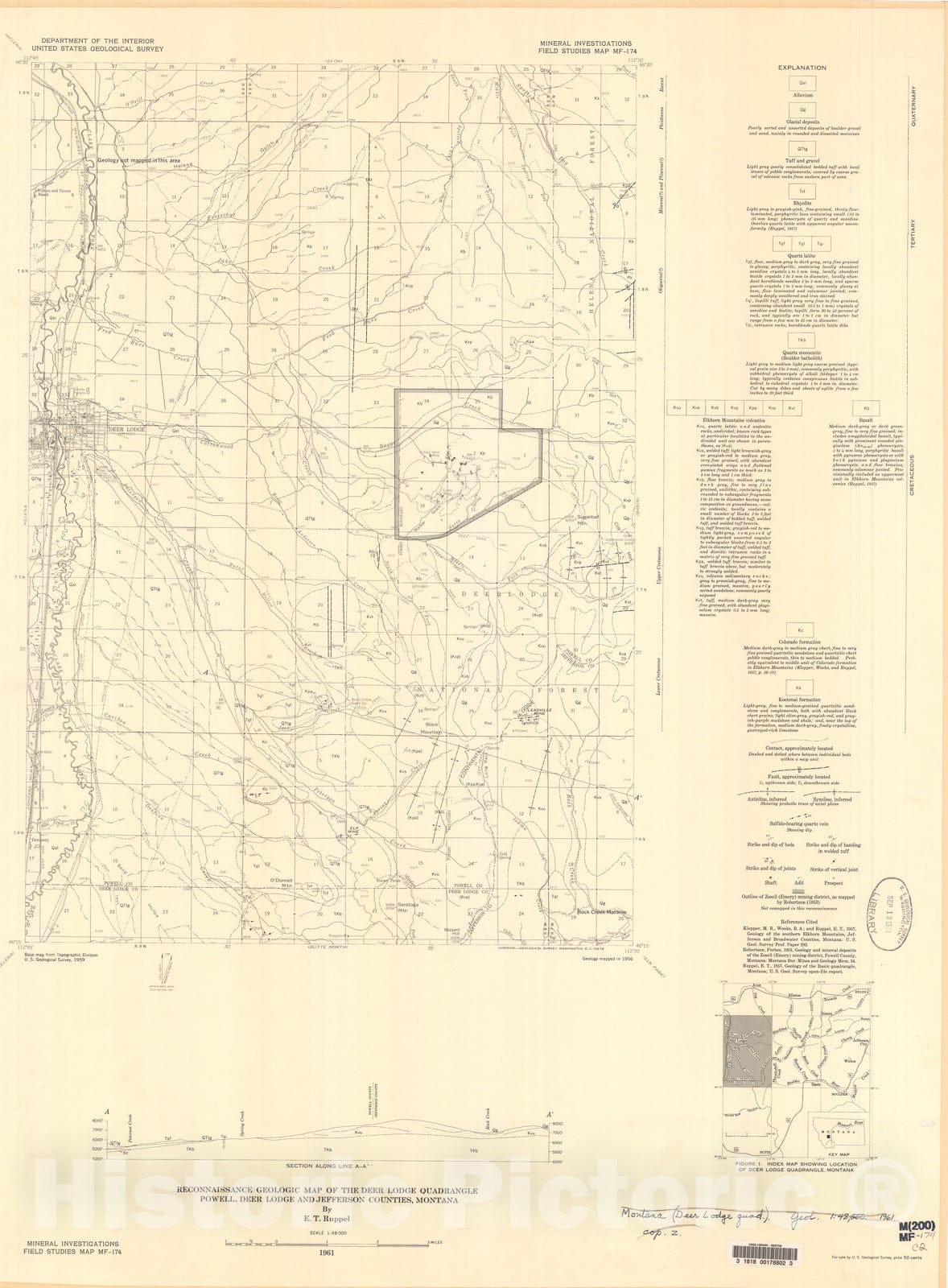 Map : Reconnaissance geologic map of the Deer Lodge quadrangle, Powell, Deer Lodge, and Jefferson Counties, Montana, 1961 Cartography Wall Art :