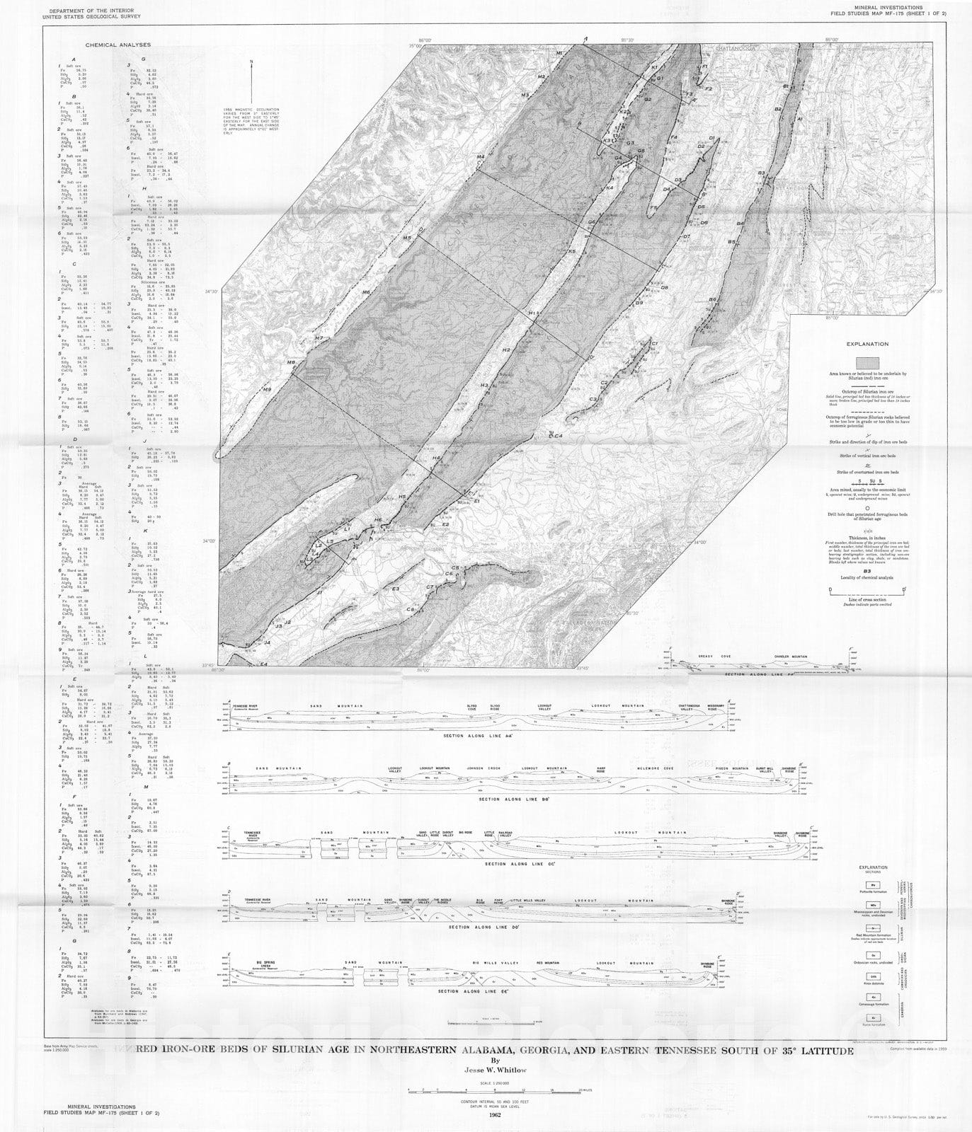 Map : Red iron-ore beds of Silurian age in northeastern Alabama, northwestern Georgia, and eastern Tennessee, 1962 Cartography Wall Art :