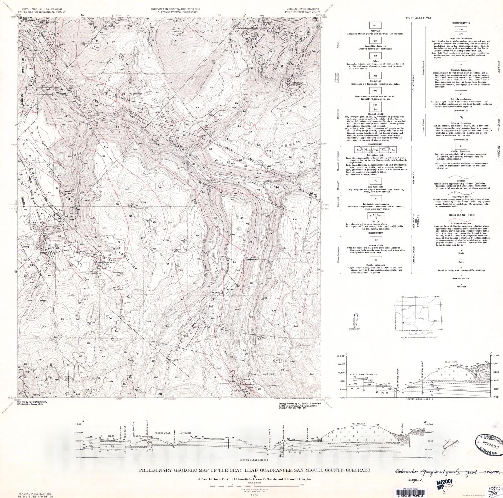 Map : Preliminary geologic map of the Gray Head quadrangle, San Miguel County, Colorado, 1961 Cartography Wall Art :