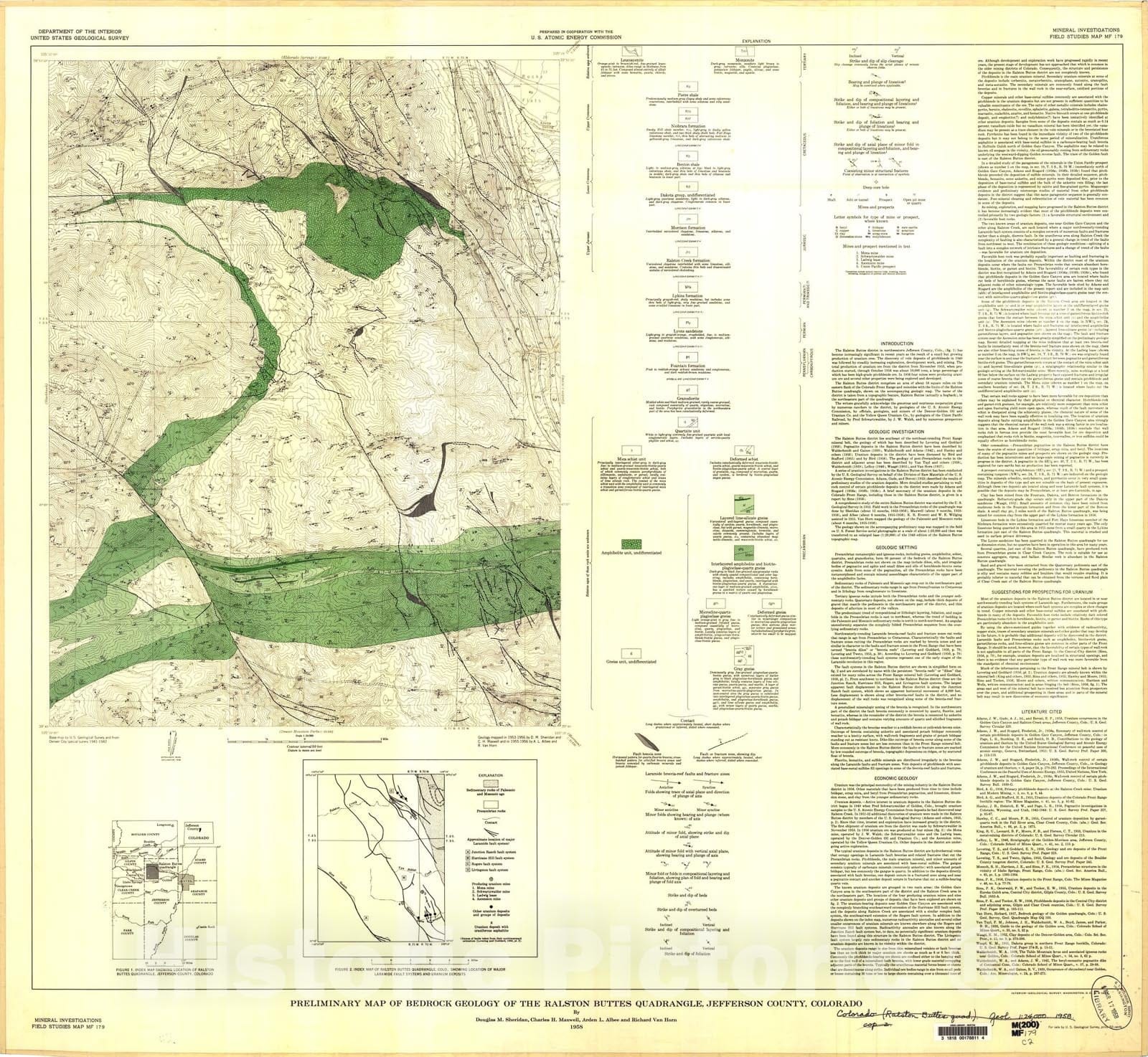Map : Preliminary map of bedrock geology of the Ralston Buttes quadrangle, Jefferson County, Colorado, 1958 Cartography Wall Art :
