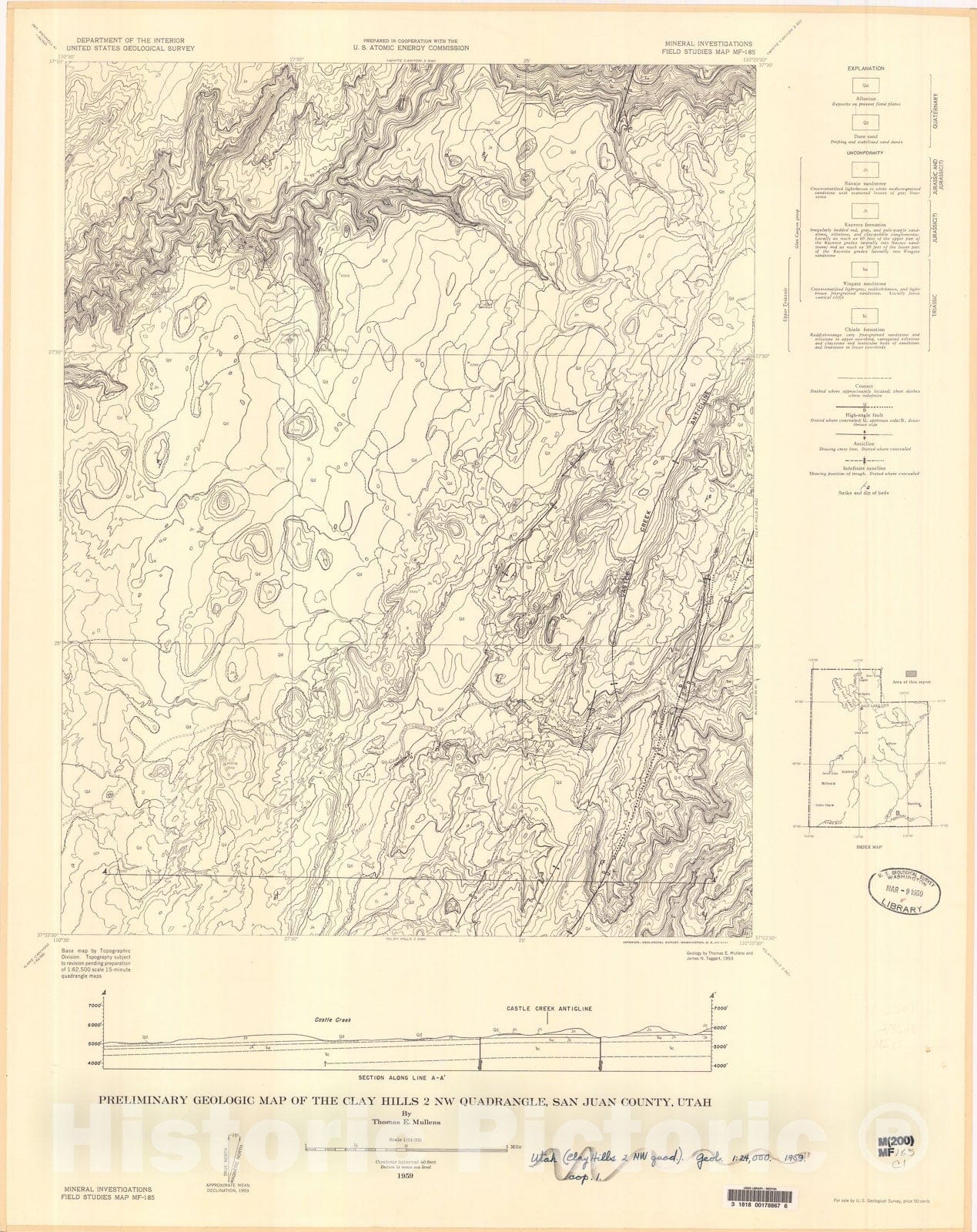 Map : Preliminary geologic map of the Clay Hills two NW quadrangle, San Juan County, Utah, 1959 Cartography Wall Art :