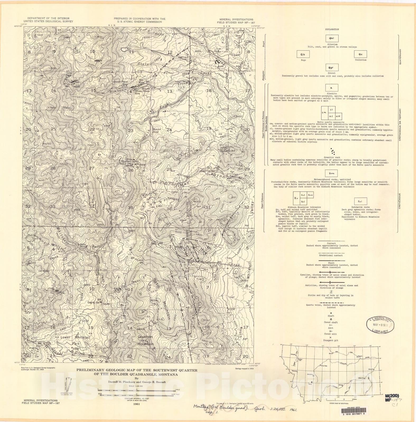 Map : Preliminary geologic map of the southwest quarter of the Boulder quadrangle, Montana, 1961 Cartography Wall Art :