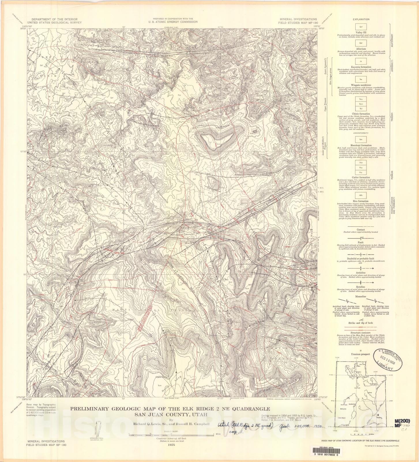 Map : Preliminary geologic map of the Elk Ridge two NE quadrangle, San Juan County, Utah, 1958 Cartography Wall Art :