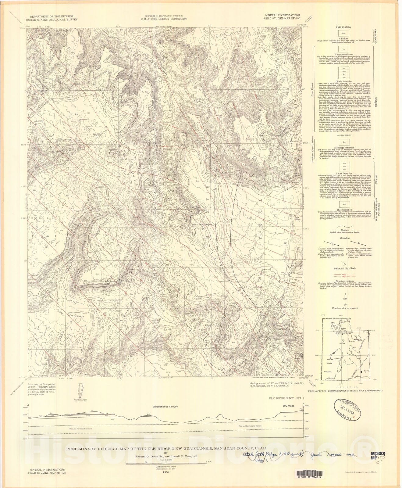 Map : Preliminary geologic map of the Elk Ridge three NW quadrangle, San Juan County, Utah, 1958 Cartography Wall Art :