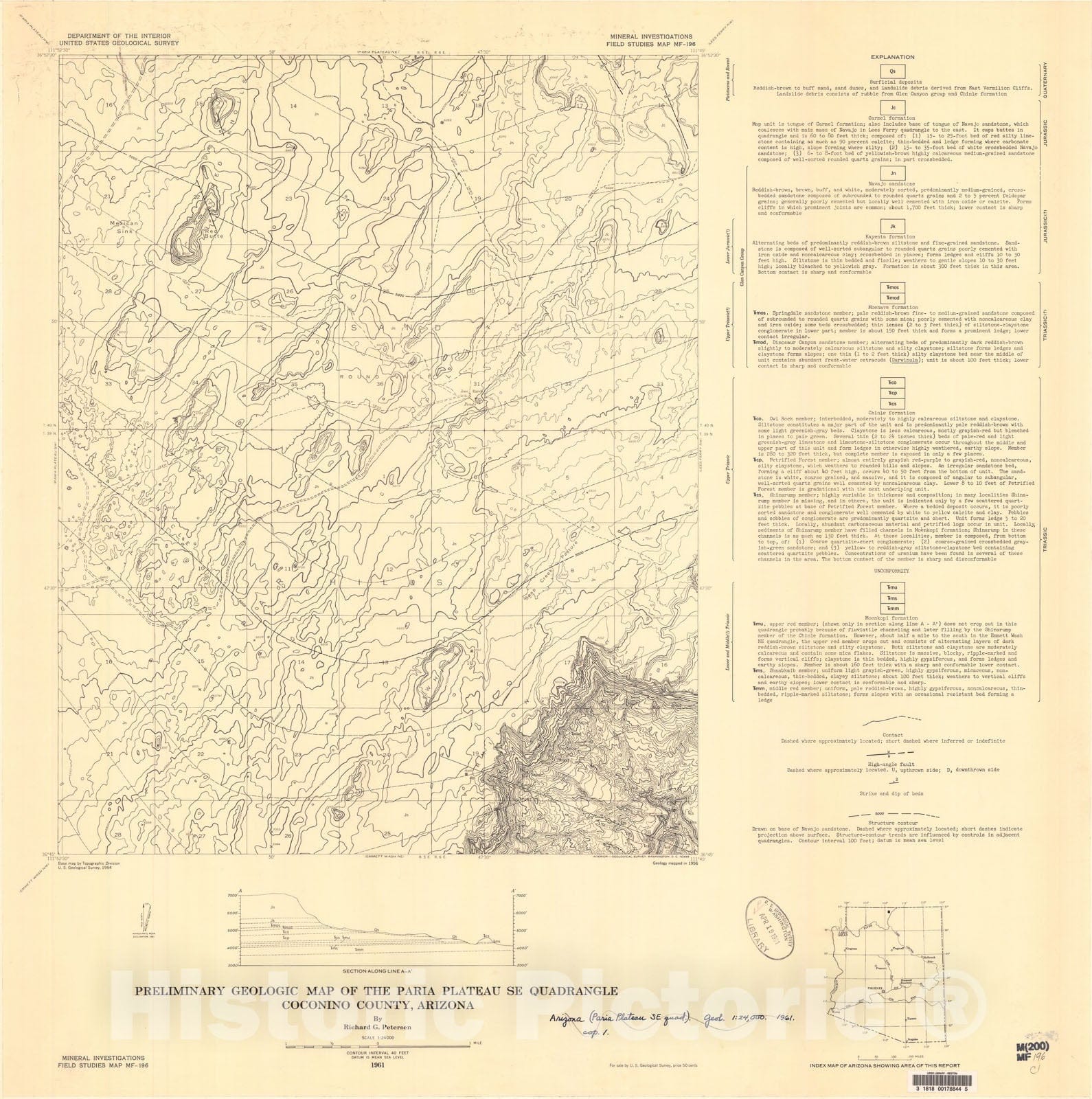Map : Preliminary geologic map of the Paria Plateau SE quadrangle, Coconino County, Arizona, 1961 Cartography Wall Art :