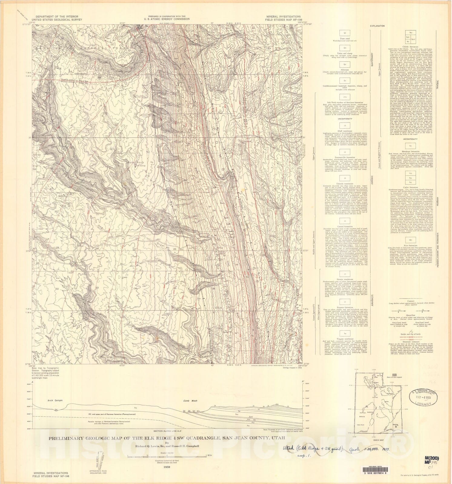 Map : Preliminary geologic map of the Elk Ridge four SW quadrangle, San Juan County, Utah, 1959 Cartography Wall Art :