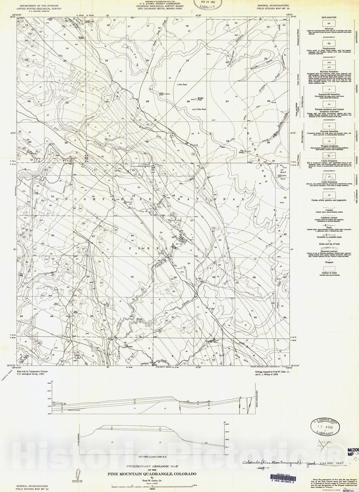 Map : Preliminary geologic map of the Pine Mountain quadrangle, Colorado, 1954 Cartography Wall Art :