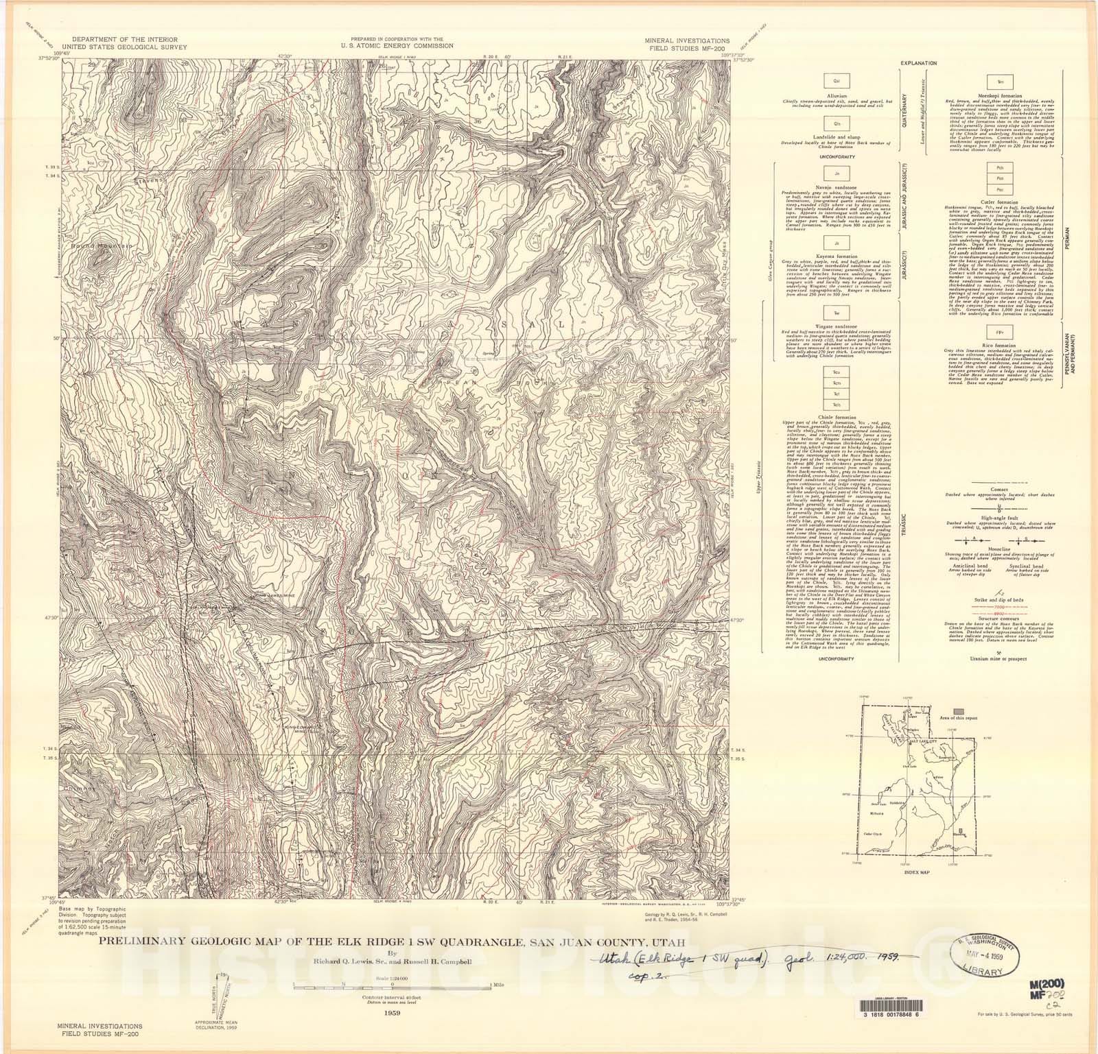 Map : Preliminary geologic map of the Elk Ridge one SW quadrangle, San Juan County, Utah, one959 Cartography Wall Art :