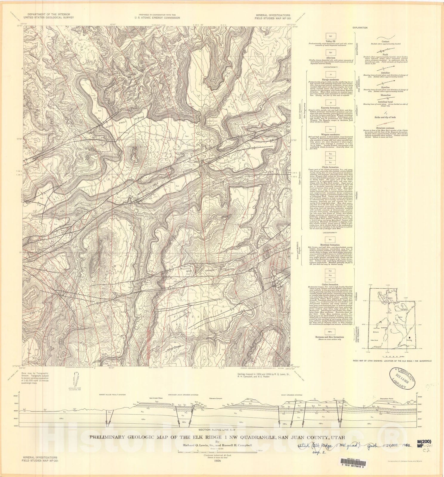 Map : Preliminary geologic map of the Elk Ridge one NW quadrangle, San Juan County, Utah, one958 Cartography Wall Art :