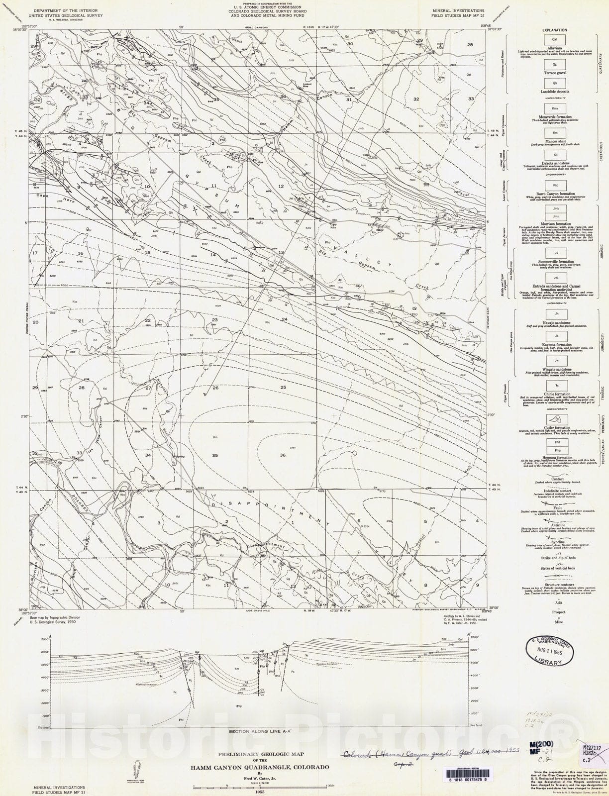 Map : Preliminary geologic map of the Hamm Canyon quadrangle, Colorado, 1955 Cartography Wall Art :