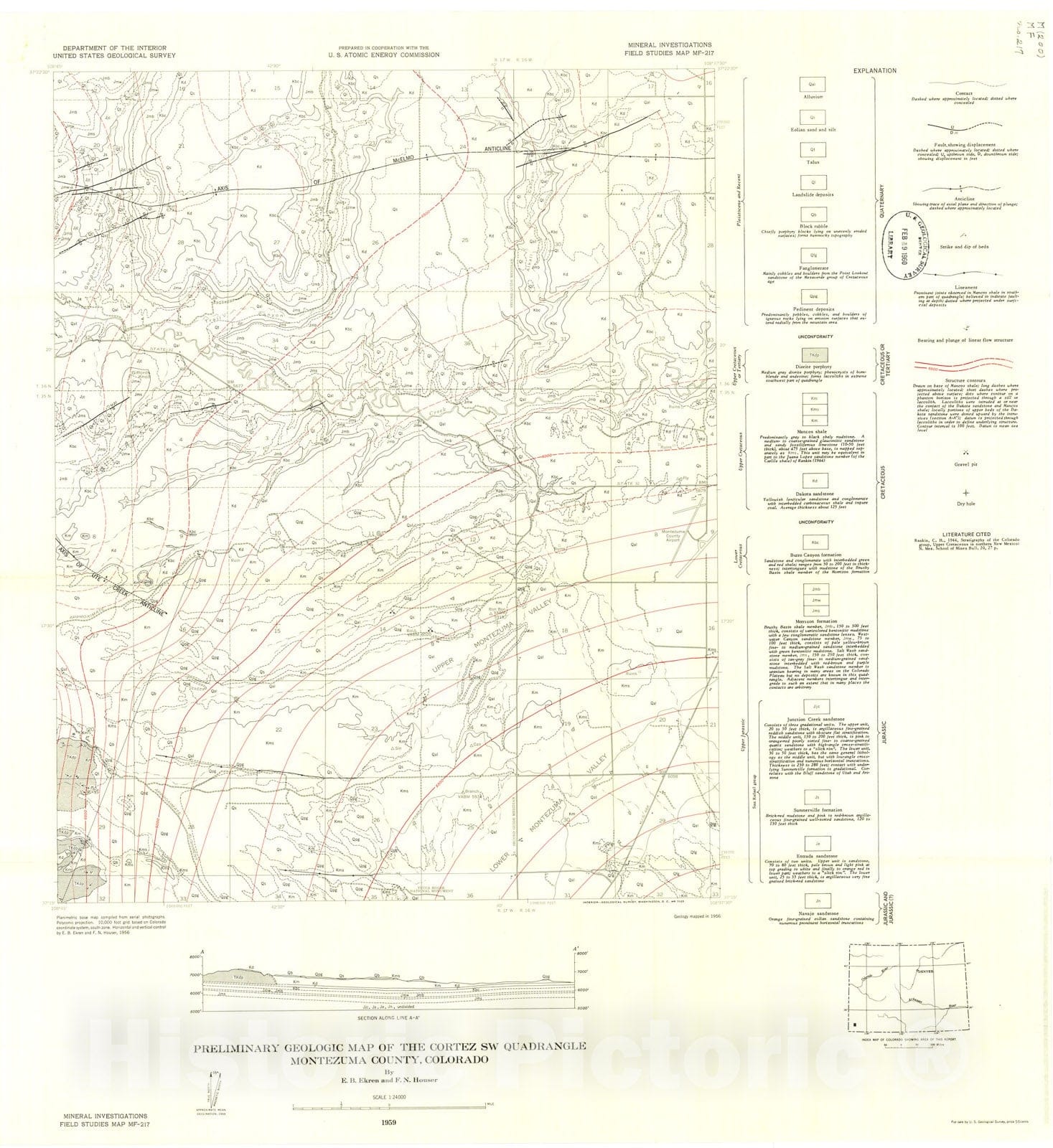 Map : Preliminary geologic map of the Cortez SW quadrangle, Montezuma County, Colorado, 1959 Cartography Wall Art :