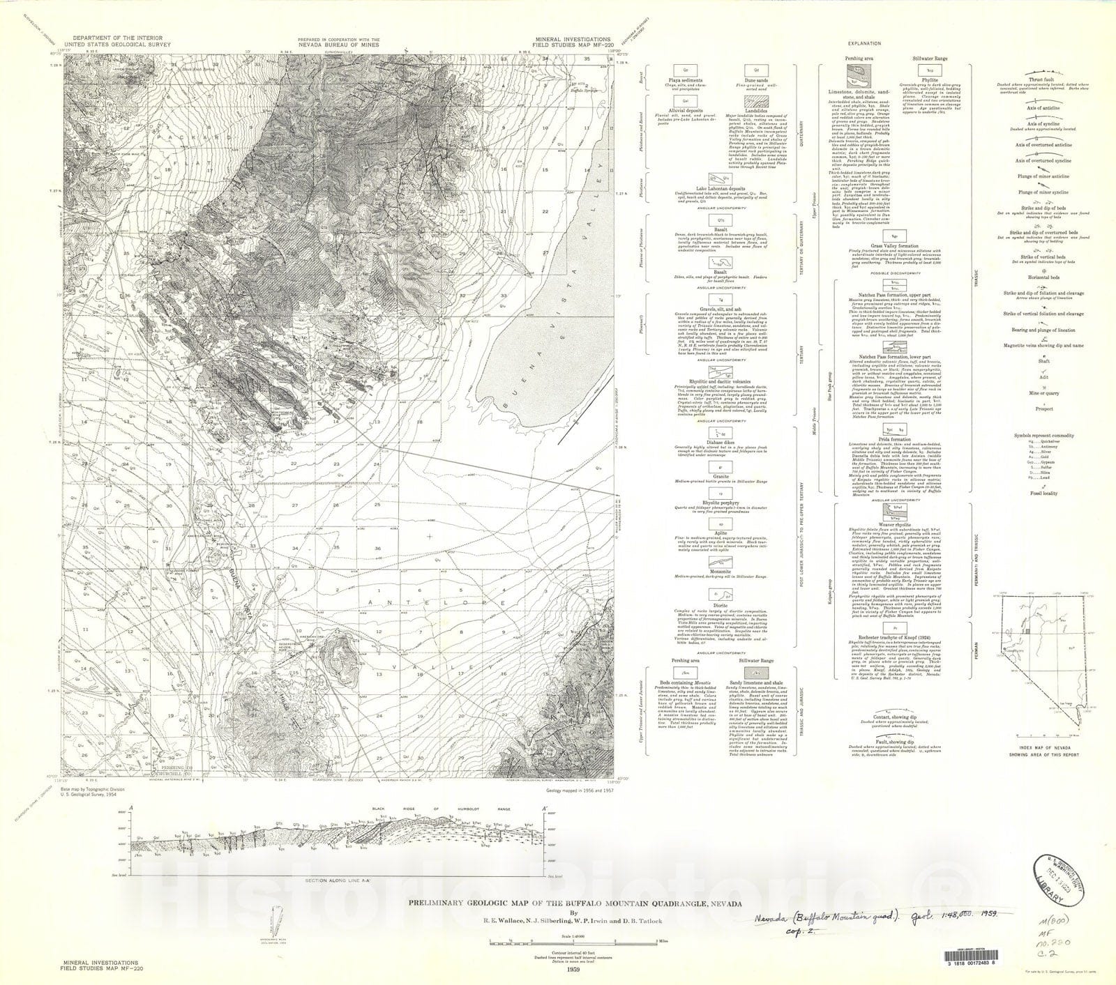 Map : Preliminary geologic map of the Buffalo Mountain quadrangle, Nevada, 1959 Cartography Wall Art :