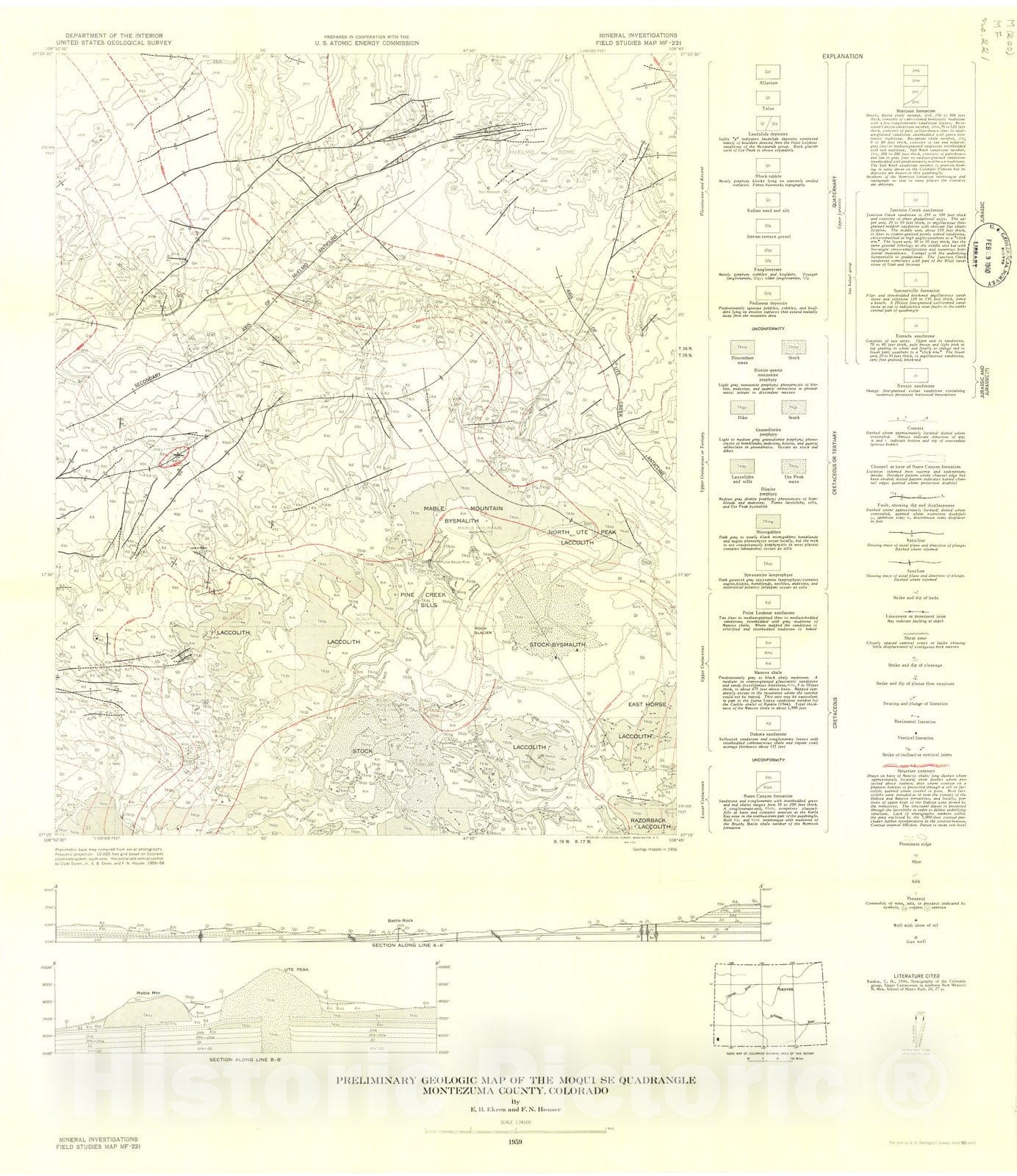 Map : Preliminary geologic map of the Moqui SE quadrangle, Montezuma County, Colorado, 1959 Cartography Wall Art :