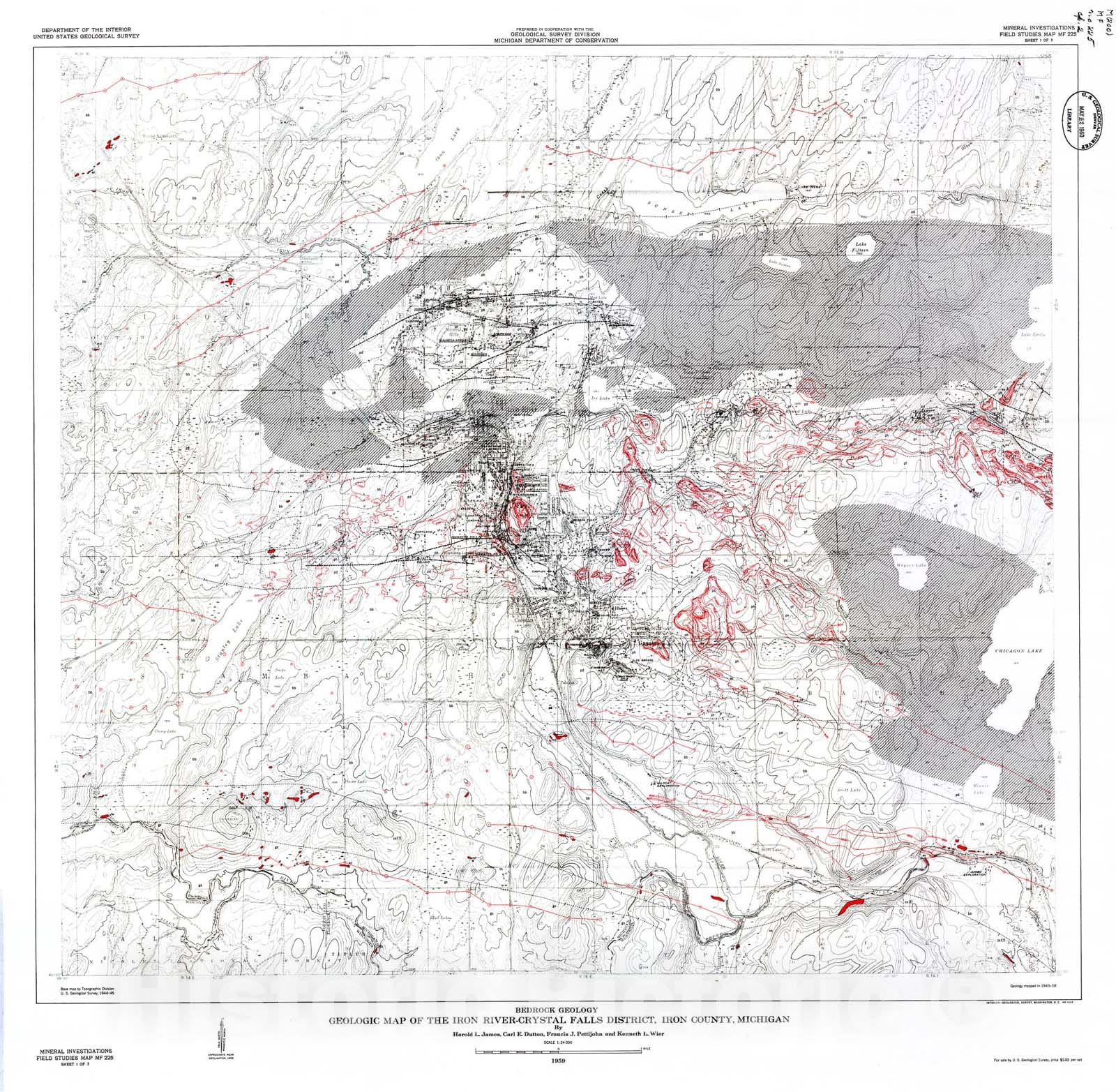 Map : Geologic map of the Iron River-Crystal Falls district, Iron County, Michigan, 1959 Cartography Wall Art :