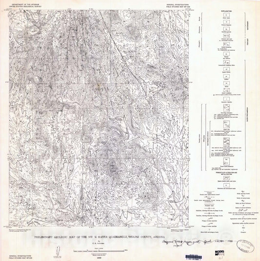 Map : Preliminary geologic map of the NW 1/4 Mayer quadrangle, Yavapai County, Arizona, 1959 Cartography Wall Art :