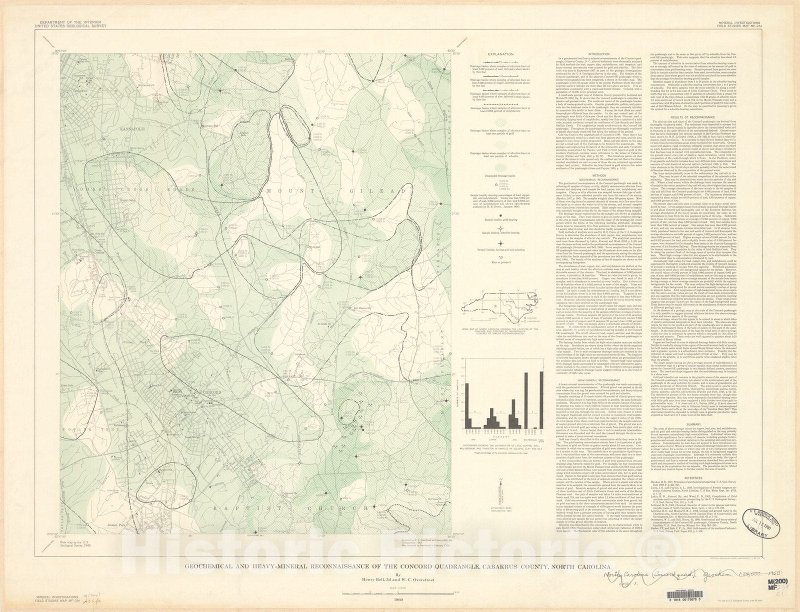 Map : Geochemical and heavy-mineral reconnaissance of the Concord quadrangle, Cabarrus County, North Carolina, 1960 Cartography Wall Art :