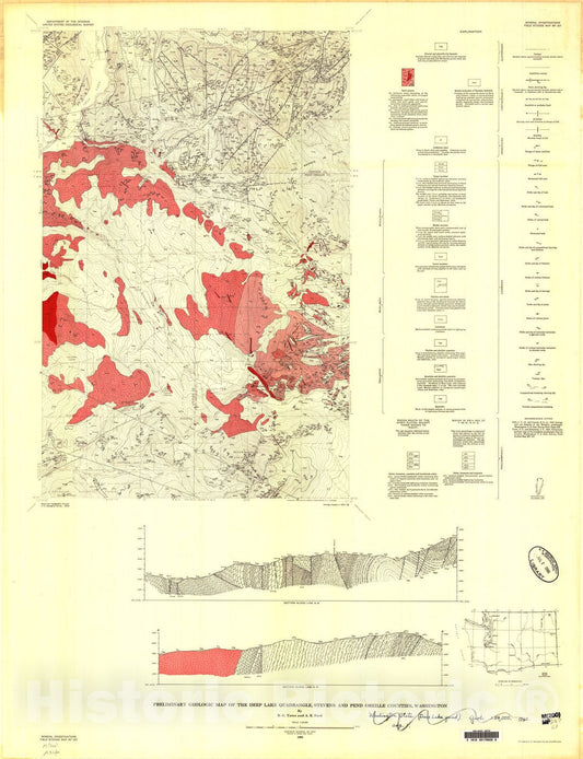 Map : Preliminary geologic map of the Deep Lake quadrangle, Stevens and Pend Oreille Counties, Washington, 1960 Cartography Wall Art :