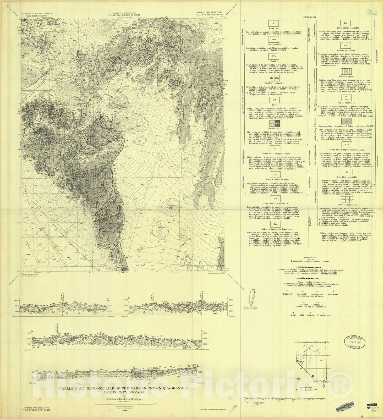 Map : Preliminary geologic map of the Bare Mountain quadrangle, Nye County, Nevada, 1960 Cartography Wall Art :