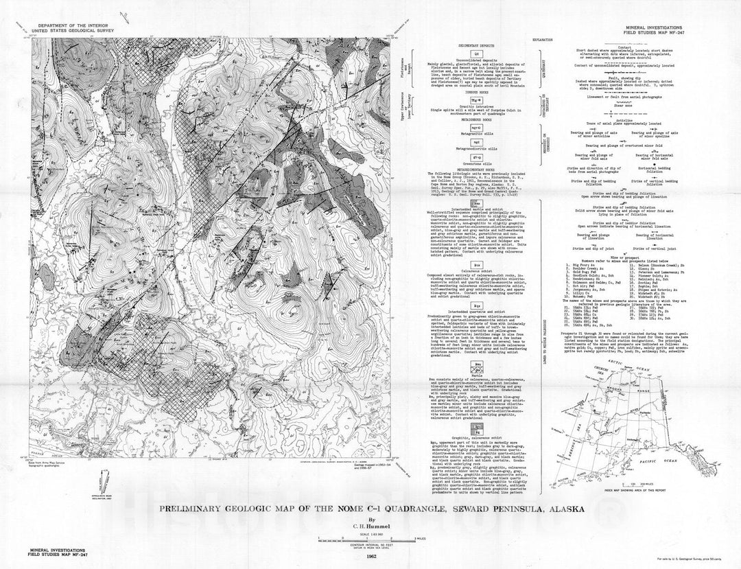 Map : Preliminary geologic map of the Nome C-1 quadrangle, Seward Peninsula, Alaska, 1962 Cartography Wall Art :