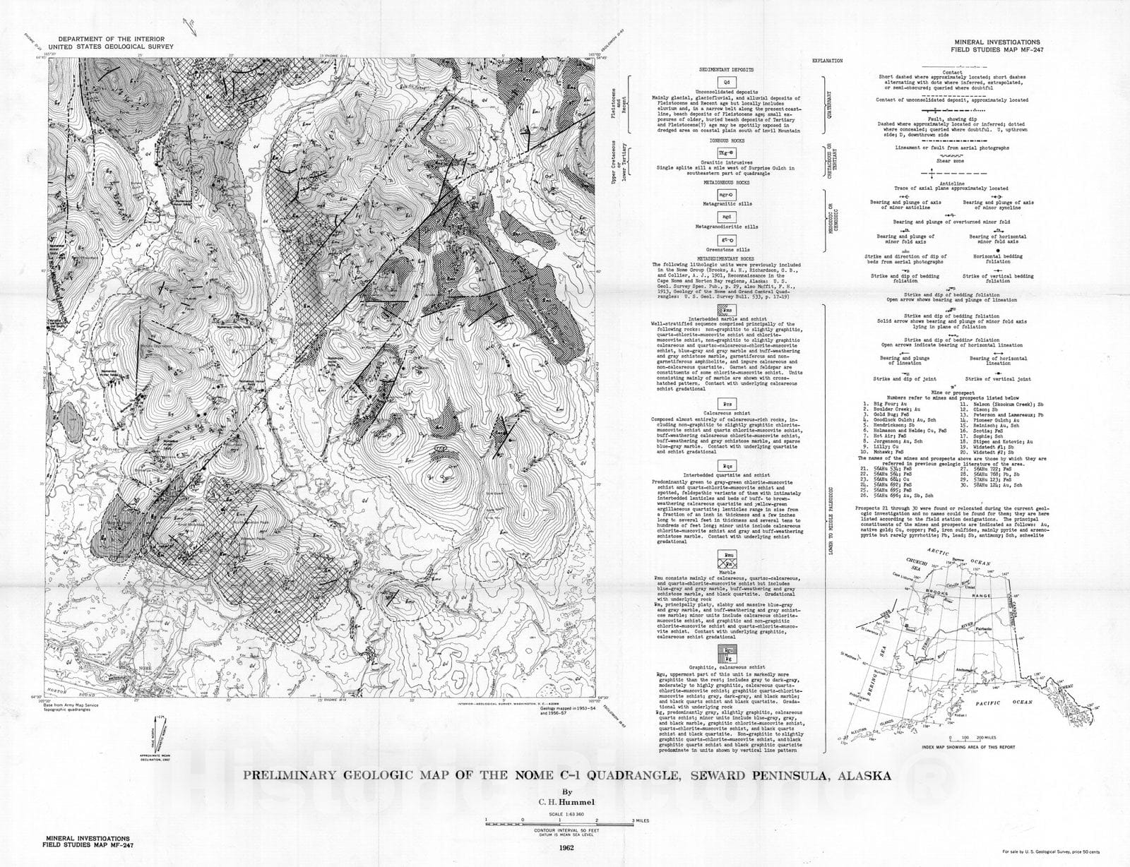 Map : Preliminary geologic map of the Nome C-1 quadrangle, Seward Peninsula, Alaska, 1962 Cartography Wall Art :
