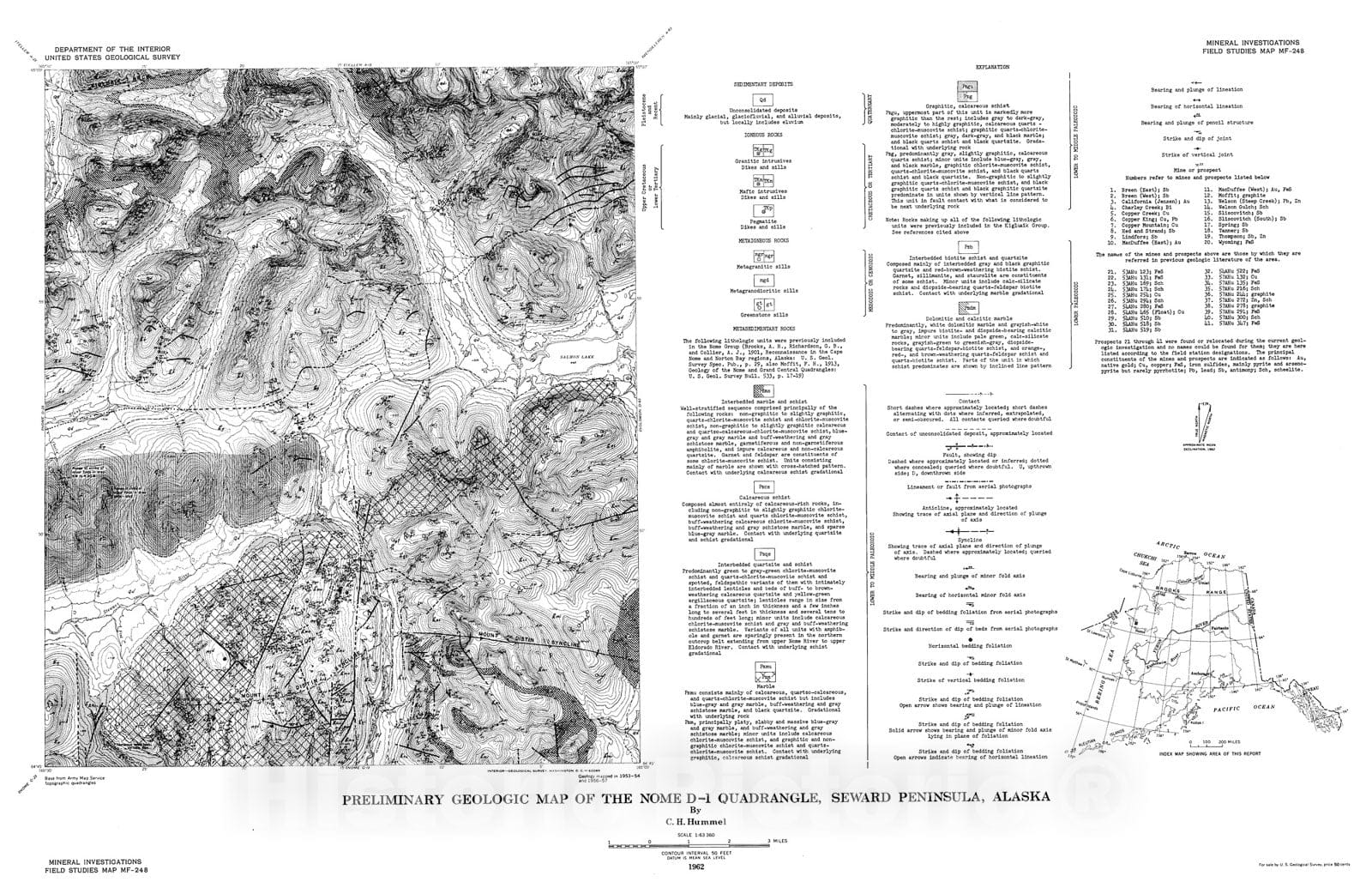 Map : Preliminary geologic map of the Nome D-1 quadrangle, Seward Peninsula, Alaska, 1962 Cartography Wall Art :
