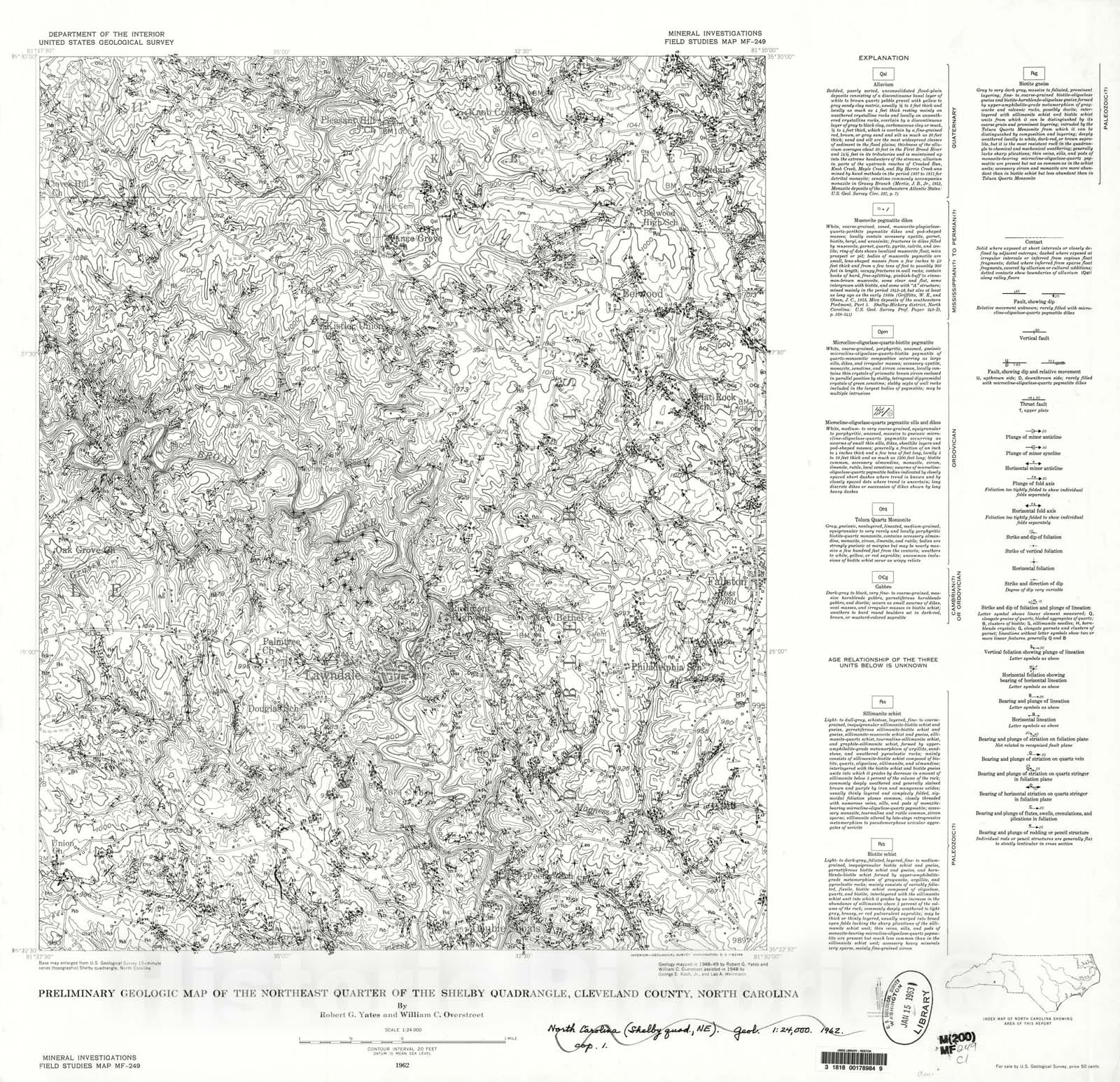 Map : Preliminary geologic map of the northeast quarter of the Shelby quadrangle, Cleveland County, North Carolina, 1962 Cartography Wall Art :