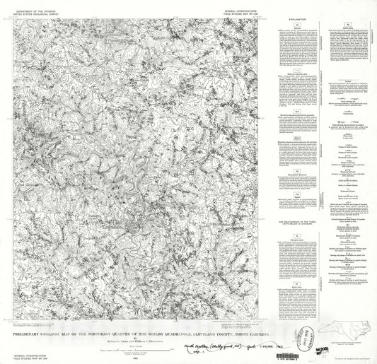 Map : Preliminary geologic map of the northeast quarter of the Shelby quadrangle, Cleveland County, North Carolina, 1962 Cartography Wall Art :