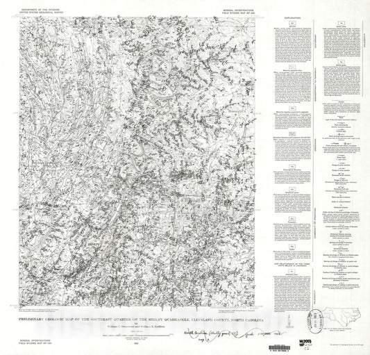 Map : Preliminary geologic map of the southeast quarter of the Shelby quadrangle, Cleveland County, North Carolina, 1962 Cartography Wall Art :