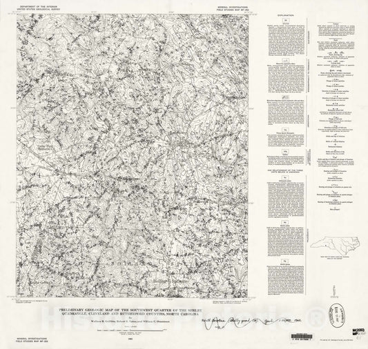 Map : Preliminary geologic map of the southwest quarter of the Shelby quadrangle, Cleveland and Rutherford Counties, North Carolina, 1962 Cartography Wall Art :
