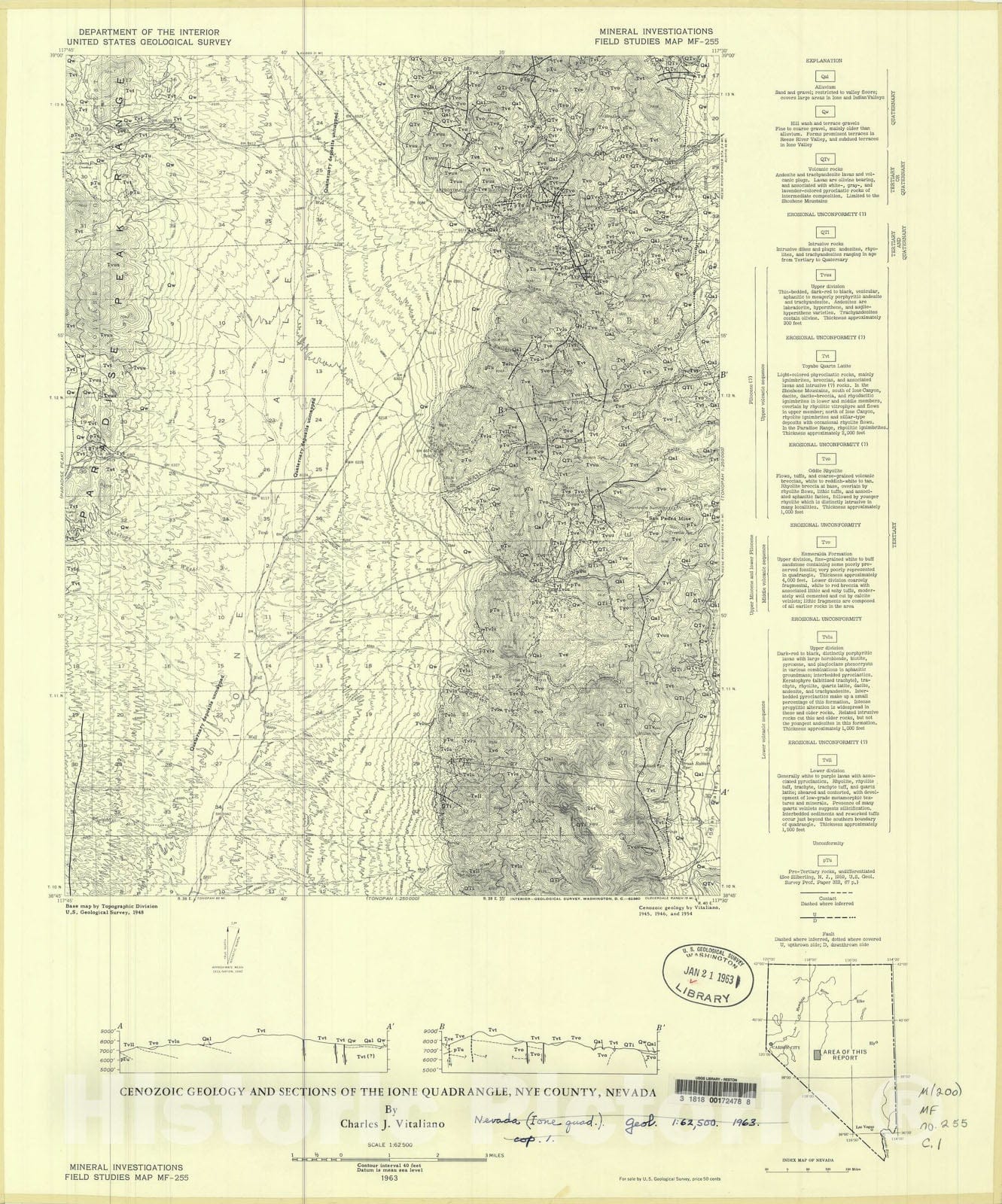 Map : Cenozoic geology and sections of the Ione quadrangle, Nye County, Nevada, 1963 Cartography Wall Art :